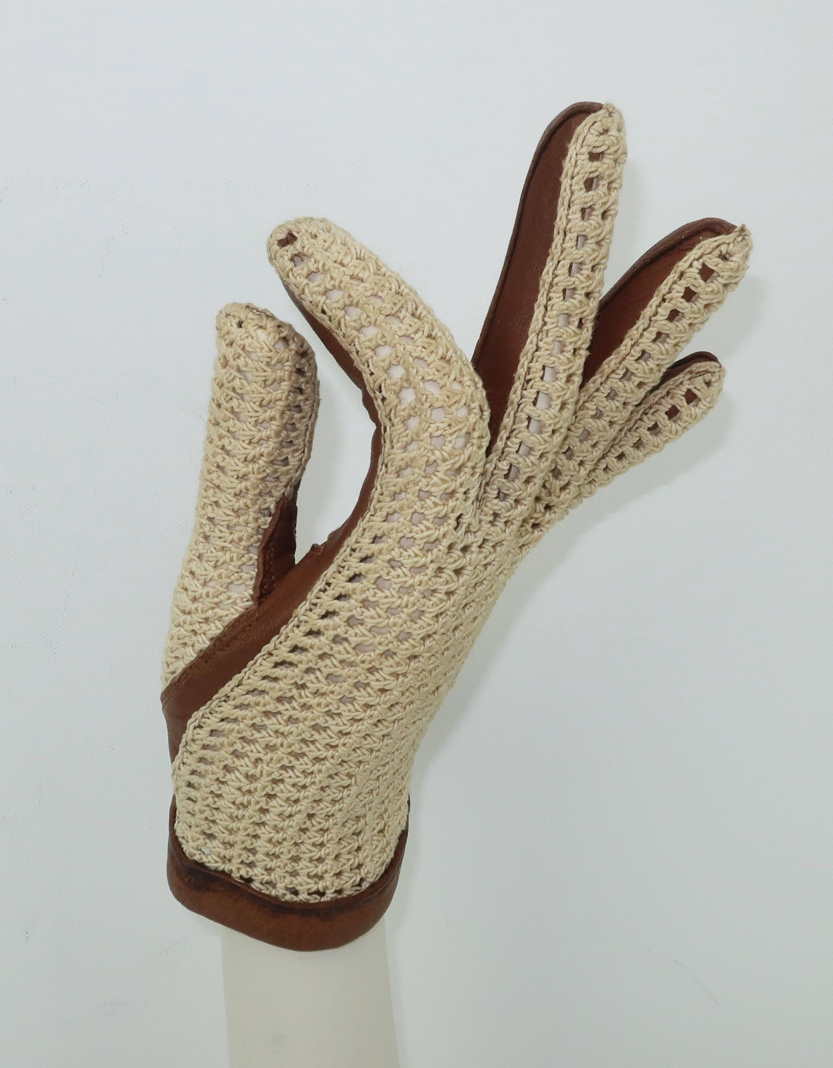 Vintage Sporty Cognac Leather & Crochet Gloves 1