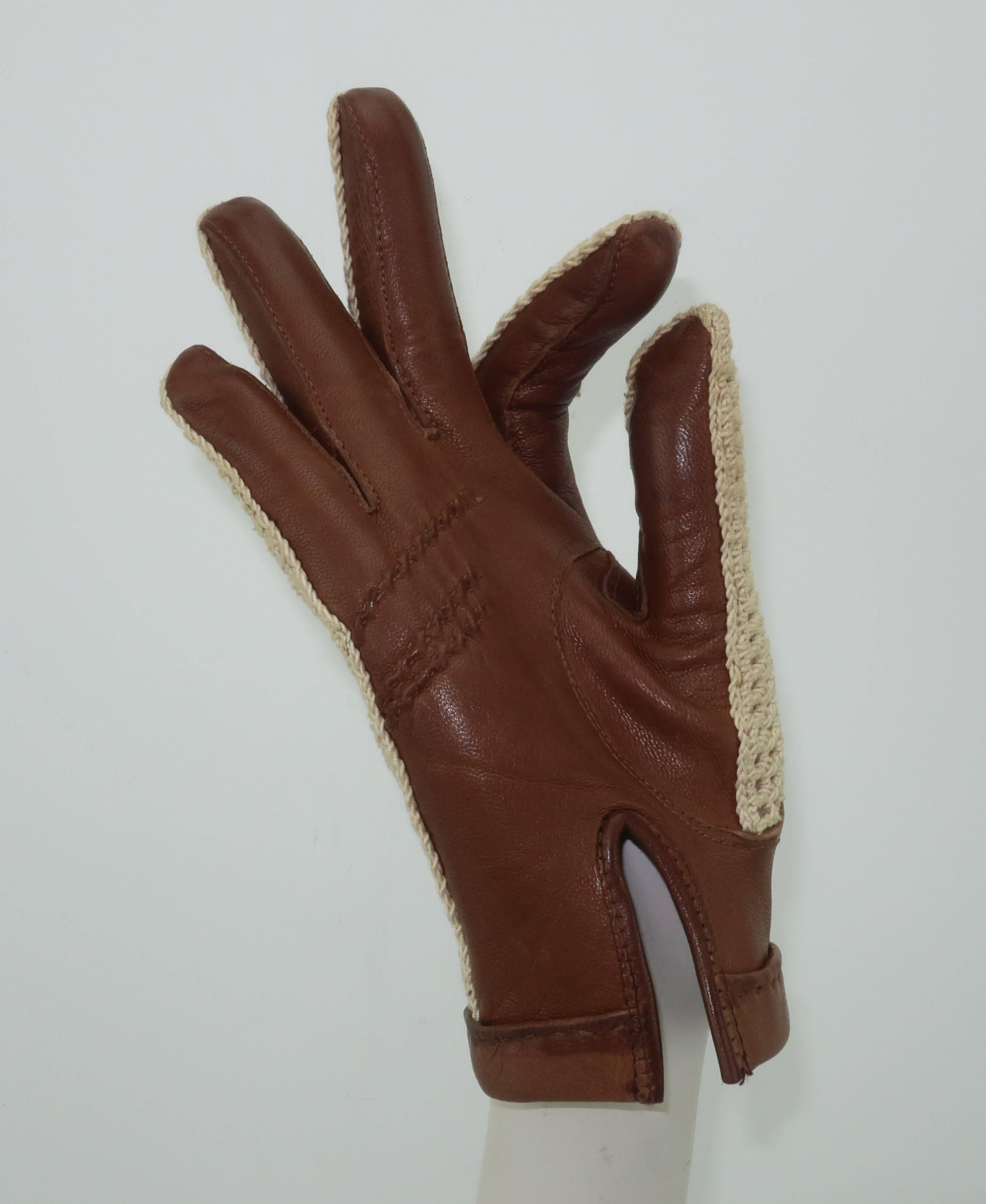 Vintage Sporty Cognac Leather & Crochet Gloves 2