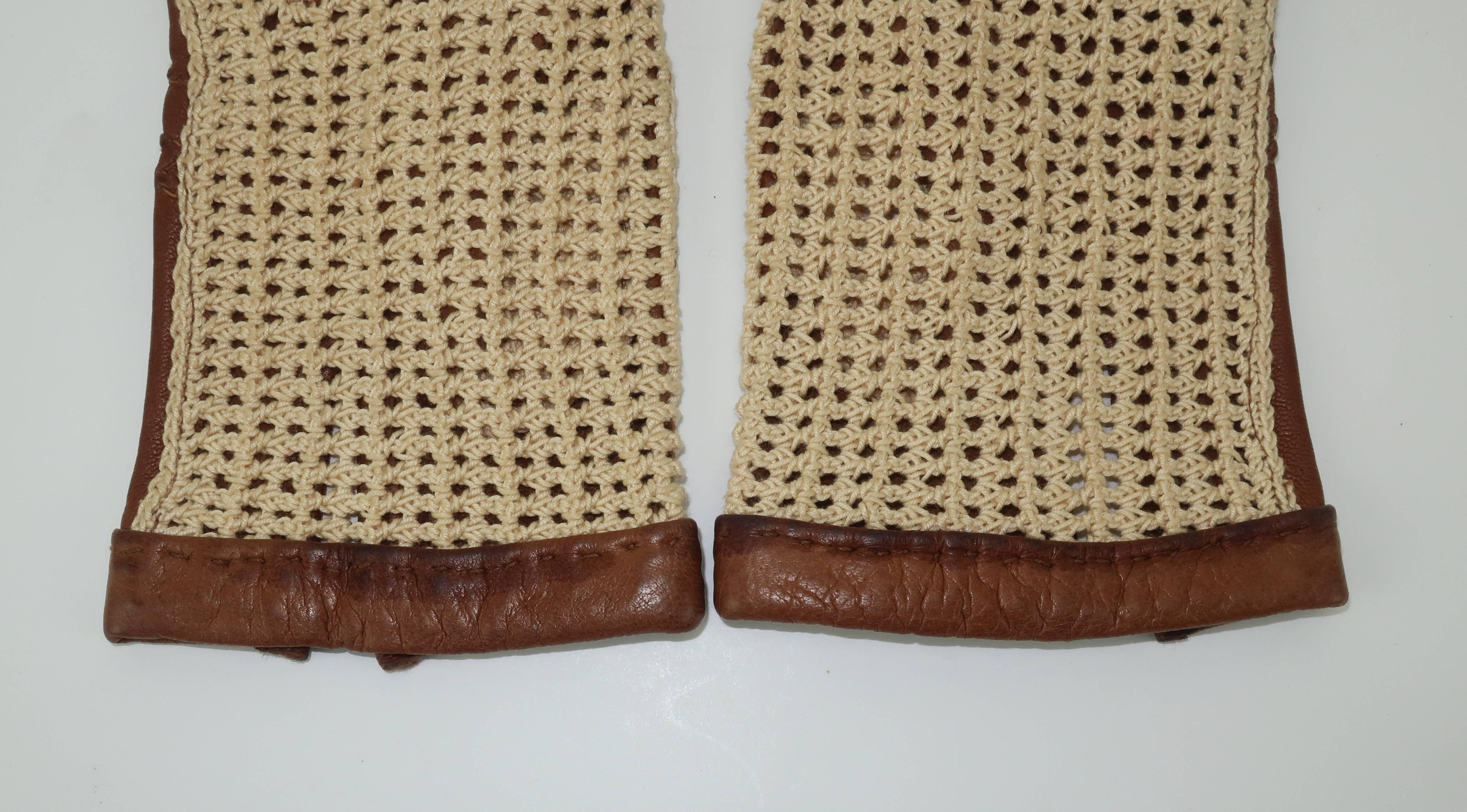 Vintage Sporty Cognac Leather & Crochet Gloves 3