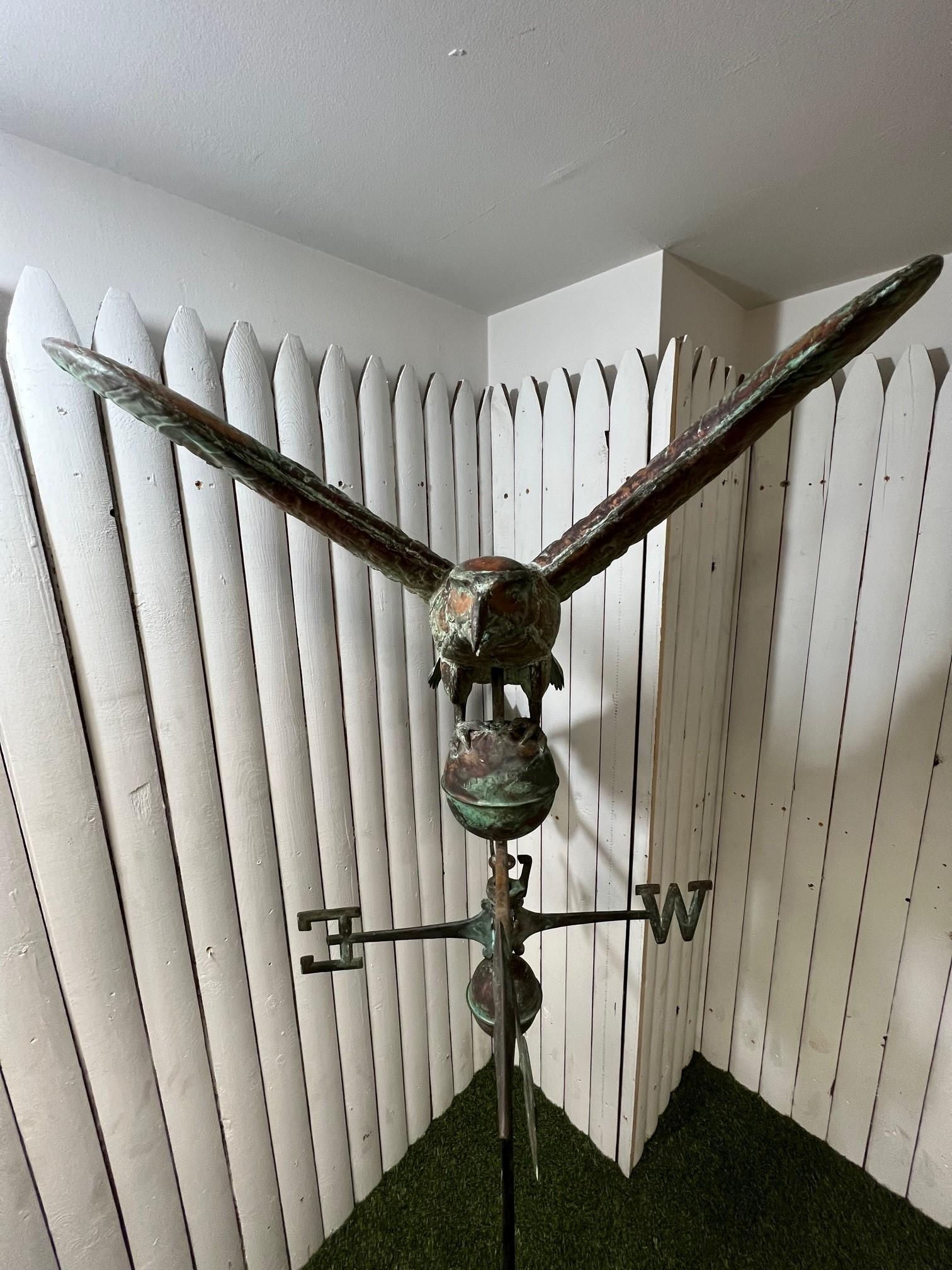 Folk Art Vintage Spread Winged Copper Eagle Weathervane W/ Sphere, Arrow, Directionals