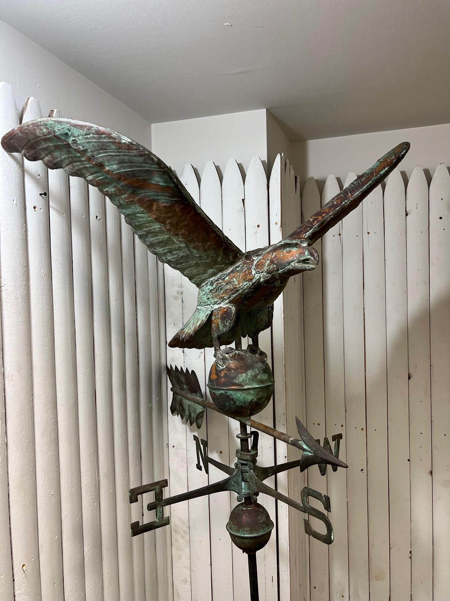 Cast Vintage Spread Winged Copper Eagle Weathervane W/ Sphere, Arrow, Directionals