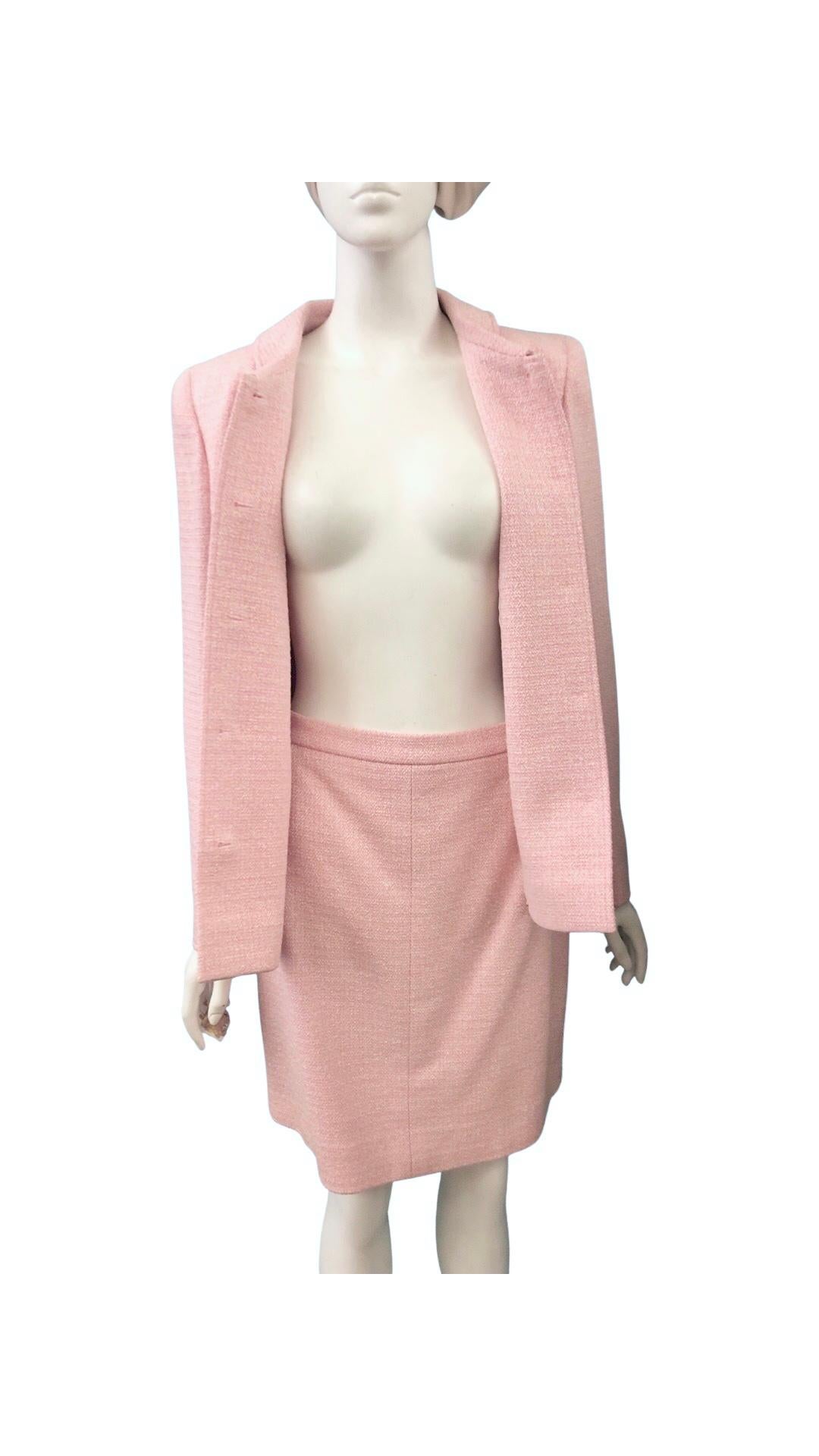 Beige Vintage Spring 1998 Chanel Pink/White Tweed Suit  For Sale