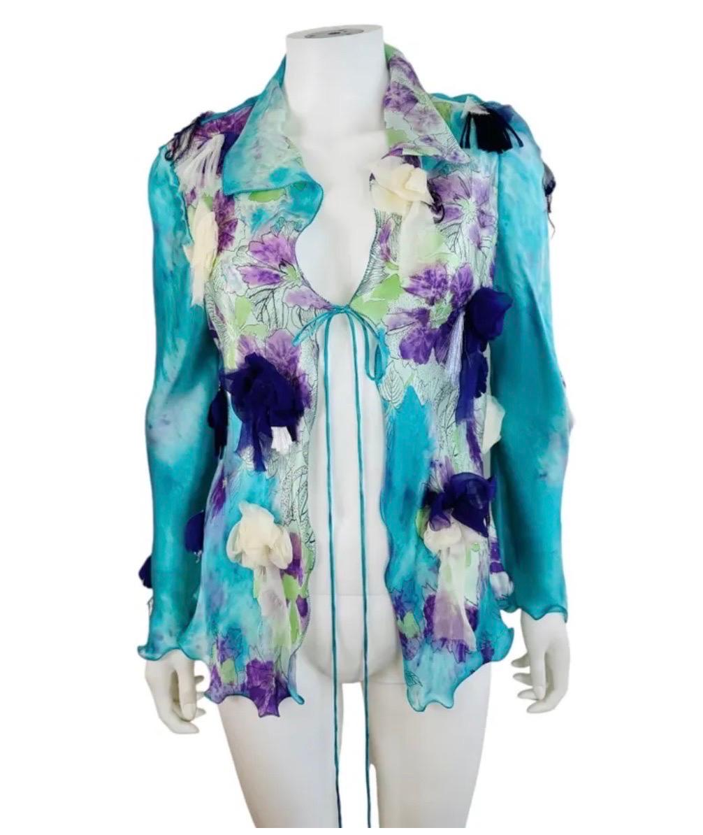 Vintage Spring 2001 2000s Emanuel Ungaro Runway Silk Floral Blouse Top In Excellent Condition For Sale In Denver, CO