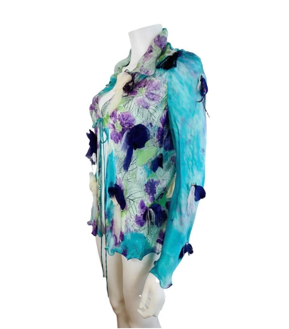 Vintage Spring 2001 2000s Emanuel Ungaro Runway Silk Floral Blouse Top For Sale 1