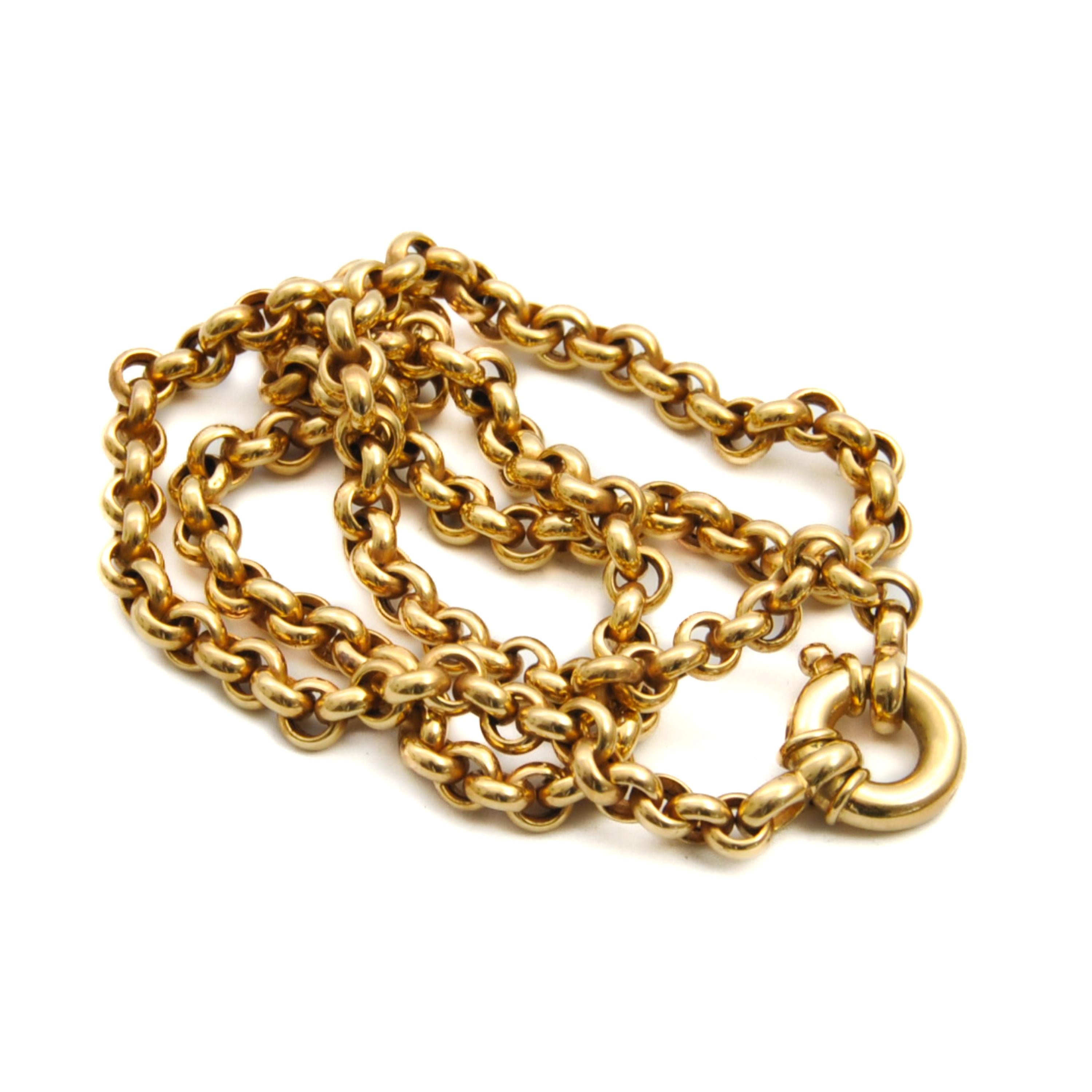 A beautiful vintage spring ring 14 karat gold rolo chain necklace. The chain has round links with a perfect polish and each link is neatly woven together into this gorgeous chain. The necklace is ready to wear alone or layered with your other