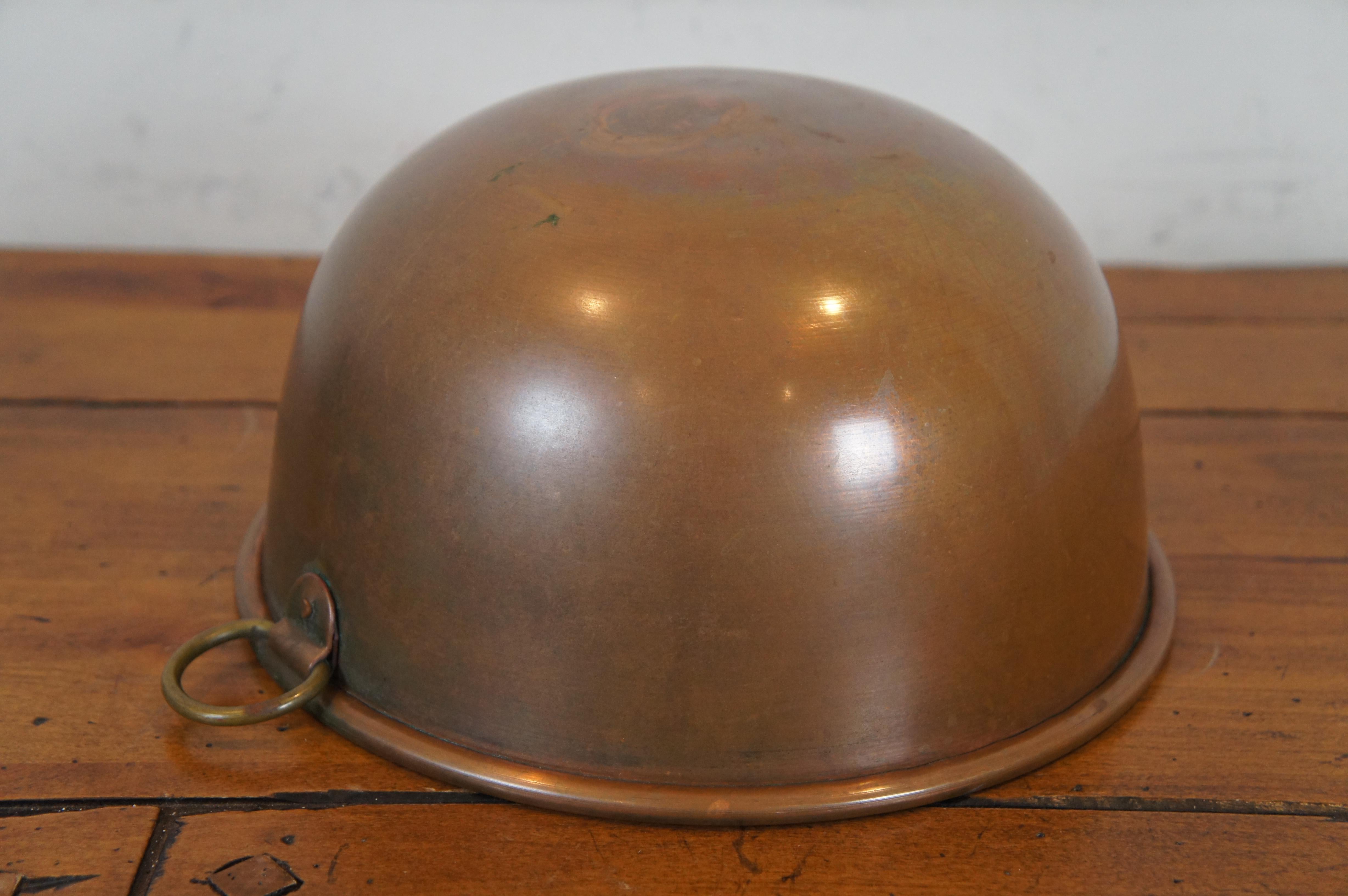 Vintage Spun Copper Farmhouse Mixing Bowl Rolled Edge w Brass Hanging Ring 4