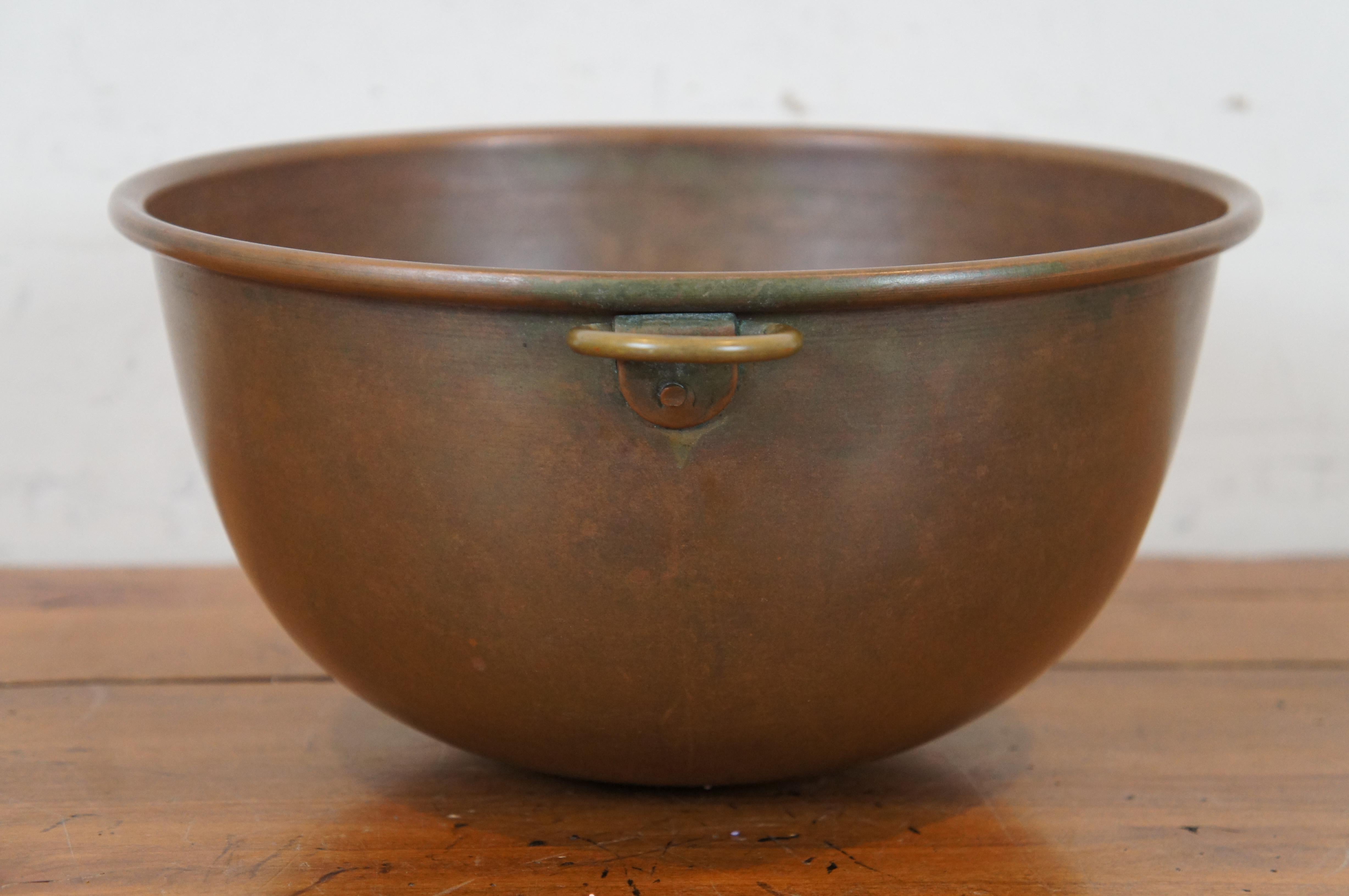 Vintage Spun Copper Farmhouse Mixing Bowl Rolled Edge w Brass Hanging Ring 1