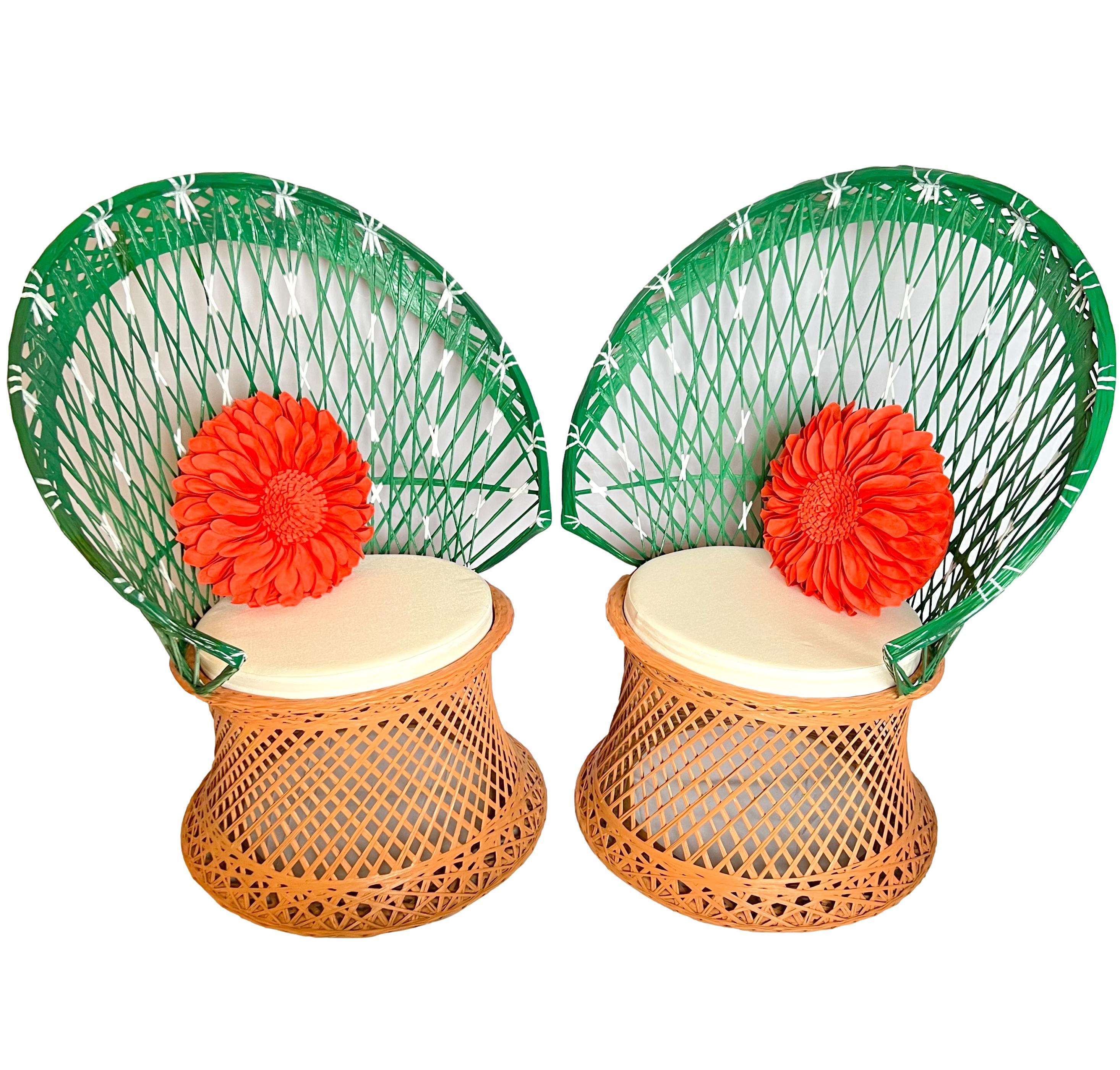 A pair of 1960's Mid-Century Modern Russell Woodard style spun fiberglass chairs.

Updated in a cactus theme motif featuring a terracotta color base and green upper with hand-painted white glochids (cactus prickles). Includes two round 18