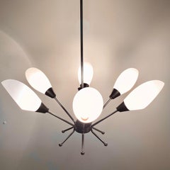 Vintage Sputnik Chandelier, Stilnovo Italy, Chrome & Opaline