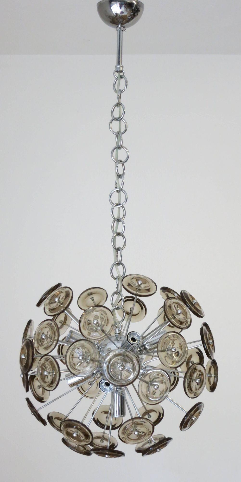 Original vintage Sputnik chandelier with smoky glass disks on chrome frame. Designed by Cristal Arte, circa 1960s. Made in Italy. 
Dimensions:
17.5