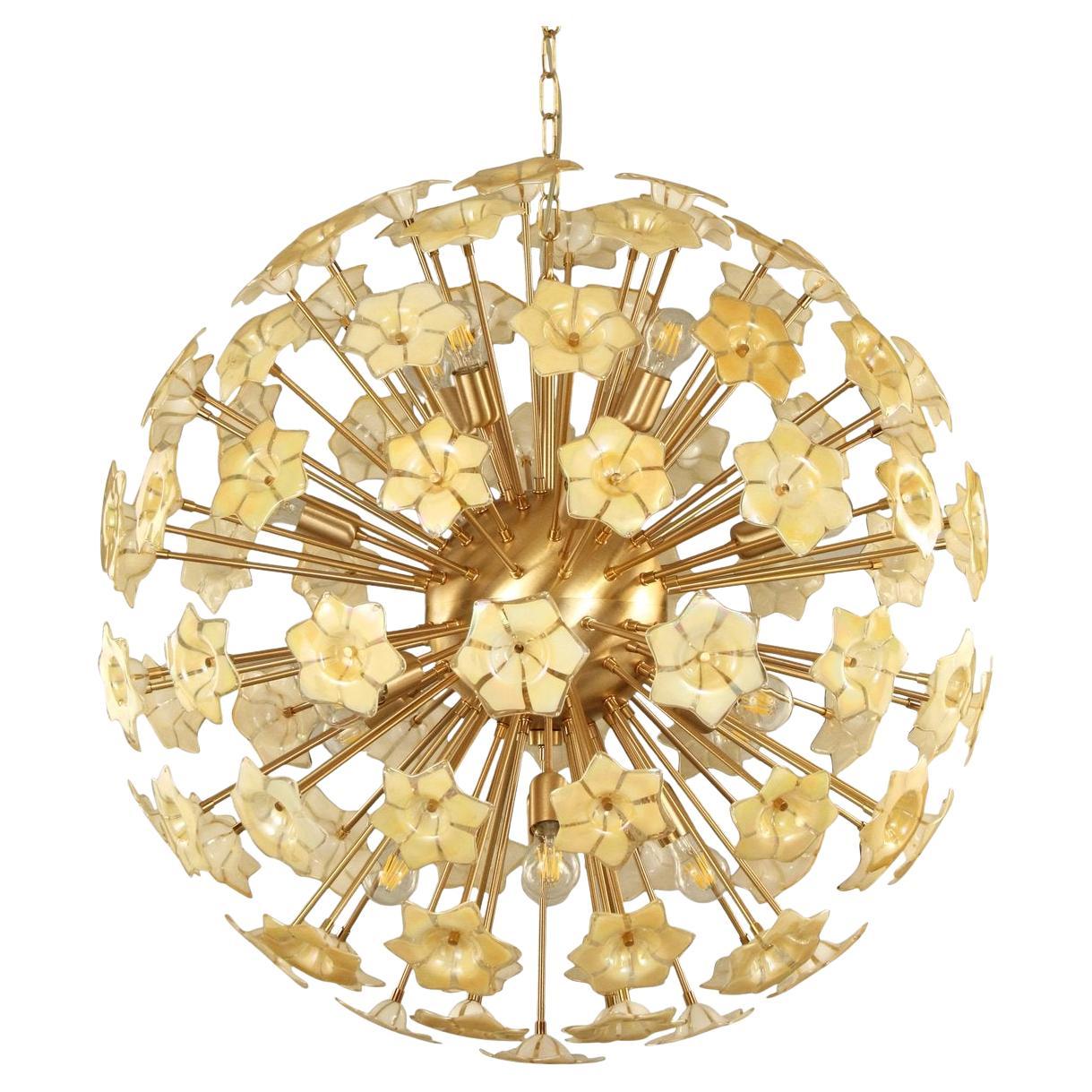 Sputnik Chandelier with Iridescent Murano Glass Flowers and Brass Frame