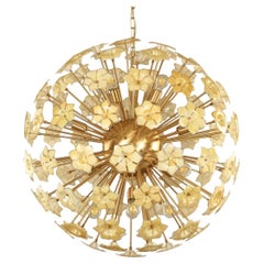 Sputnik Chandelier with Iridescent Murano Glass Flowers and Brass Frame