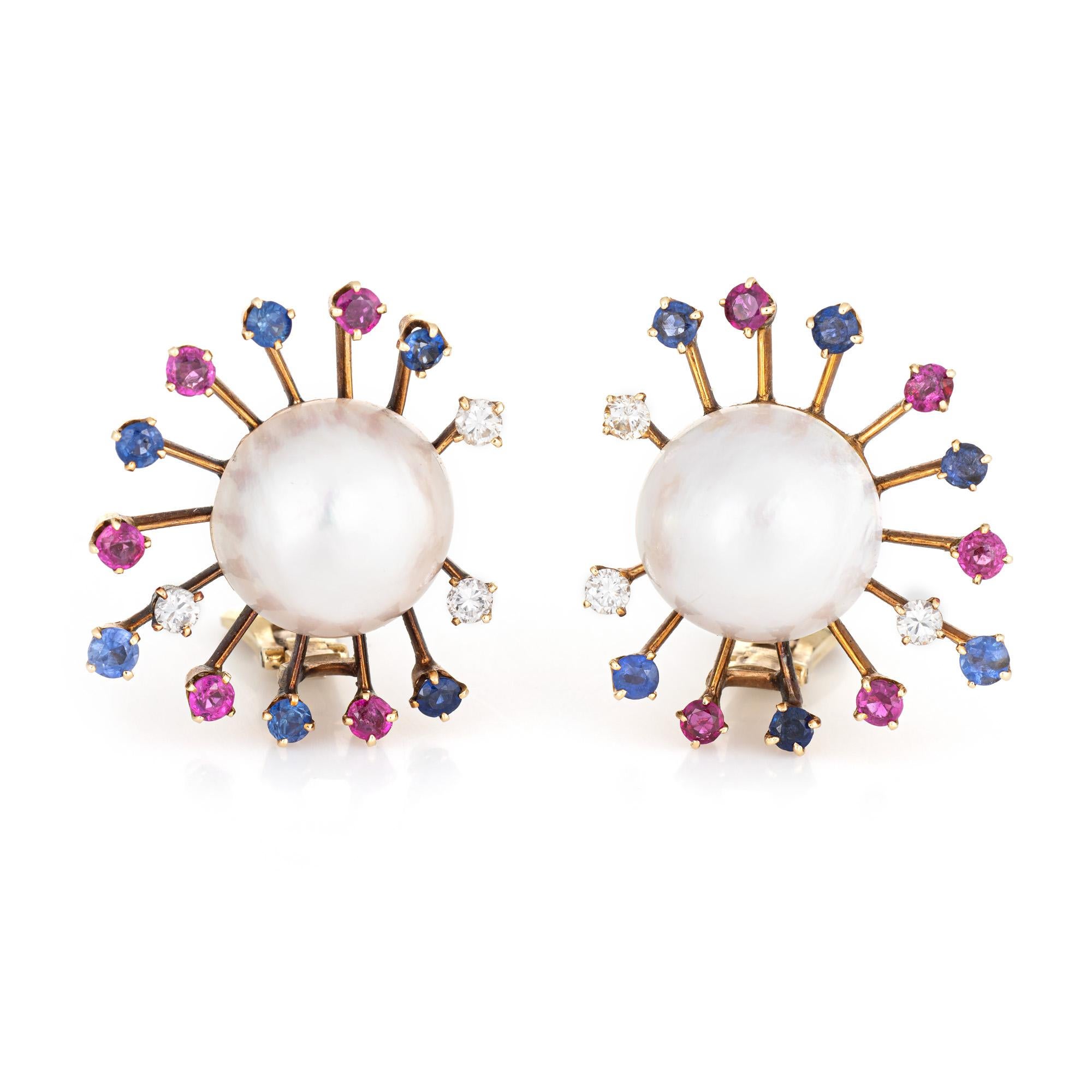 Round Cut Vintage Sputnik Earrings Mabe Pearl Gemstone Diamond 14 Karat Gold Jewelry