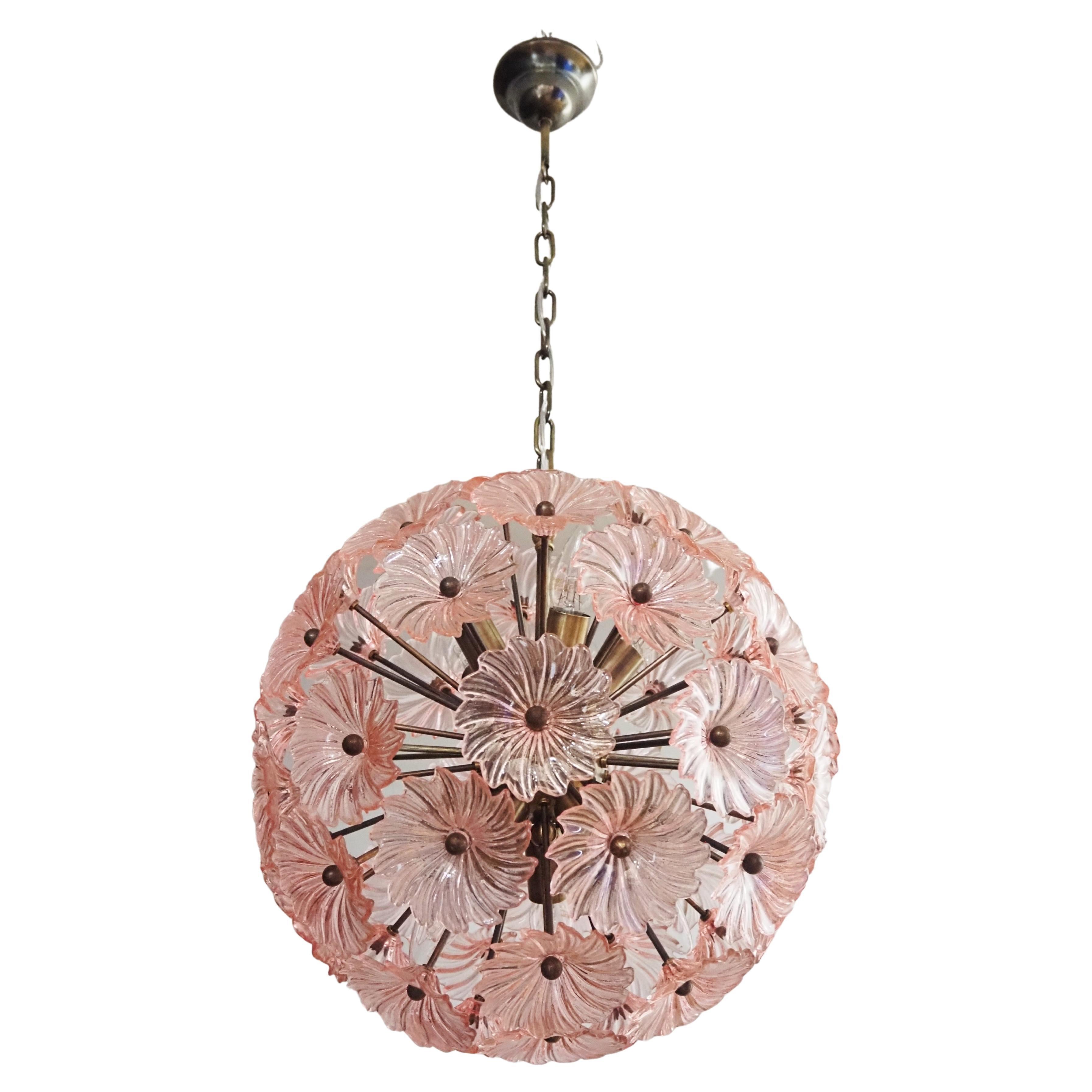Vintage Sputnik Italian crystal chandelier - 51 Daisy PINK glasses For Sale