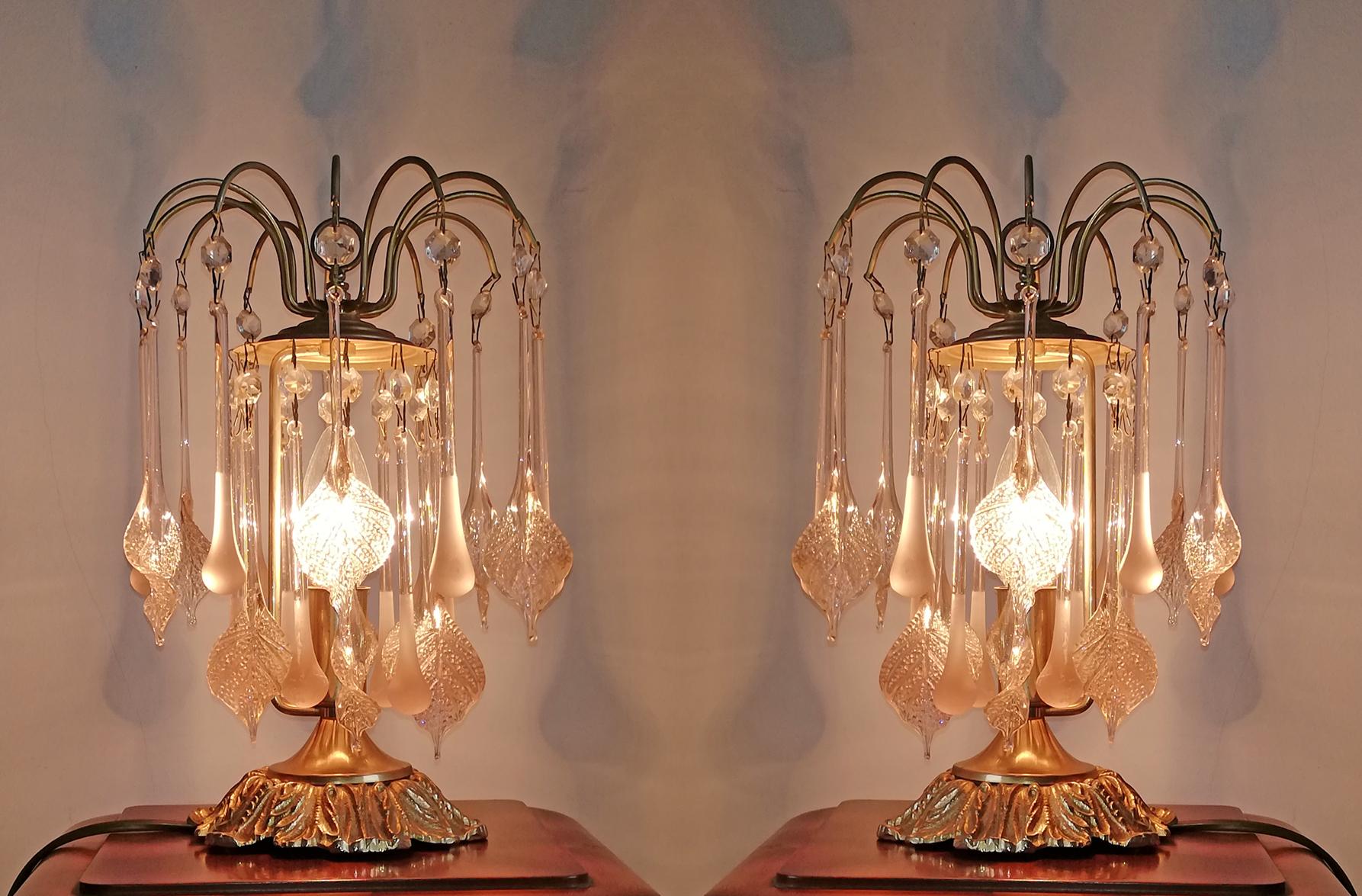 Mid-Century Modern Vintage Sputnik Pink Cascade Italian Murano Venini Glass Gilt Table Lamps, Pair