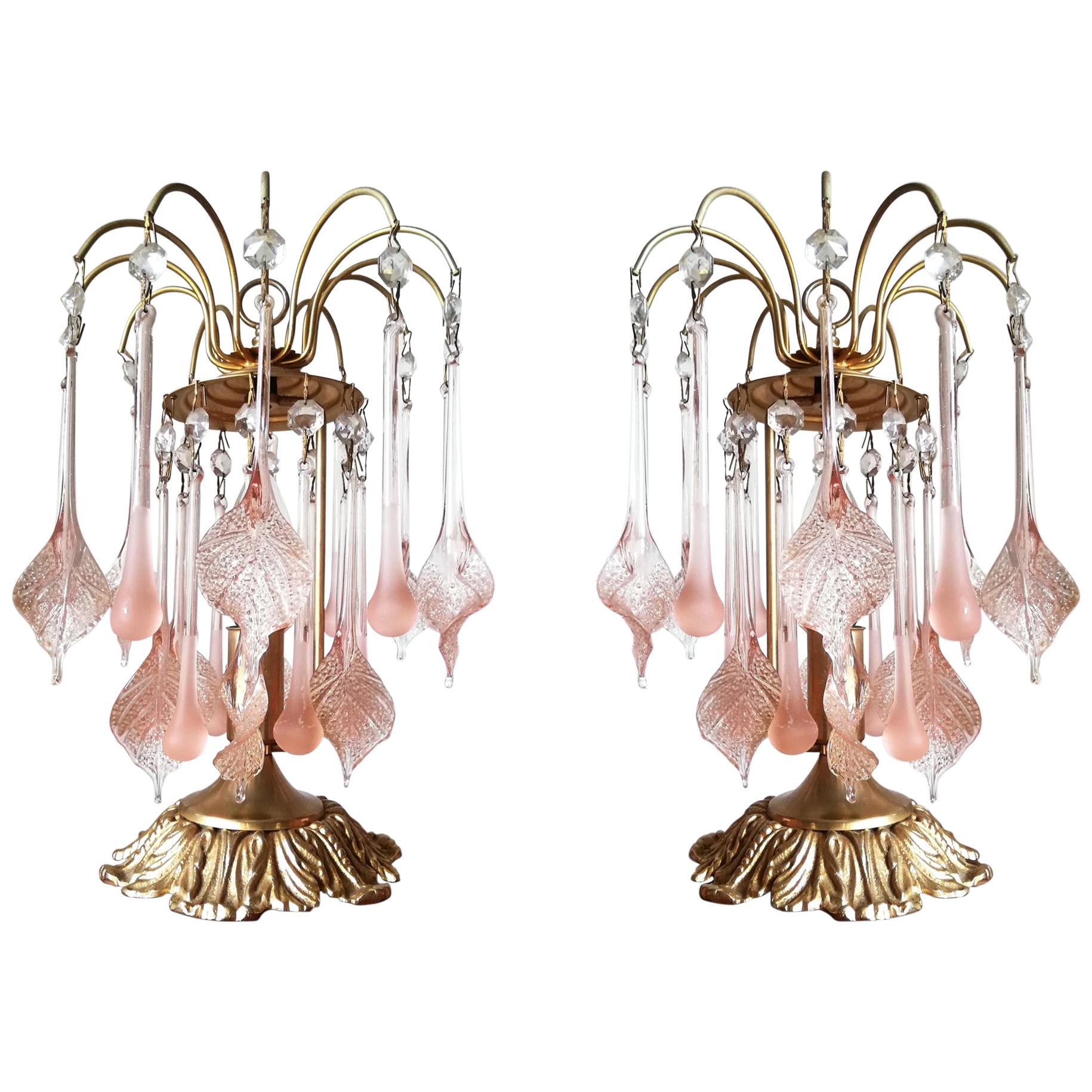 Vintage Sputnik Pink Cascade Italian Murano Venini Glass Gilt Table Lamps, Pair