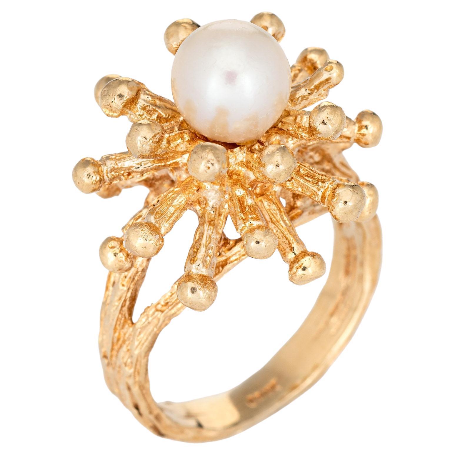 Vintage Sputnik Ring Cultured Pearl 14k Yellow Gold Estate Fine Jewelry