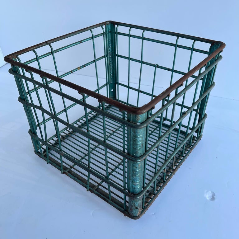 Vintage Metal and Wire Milk Crate Basket For Sale at 1stDibs