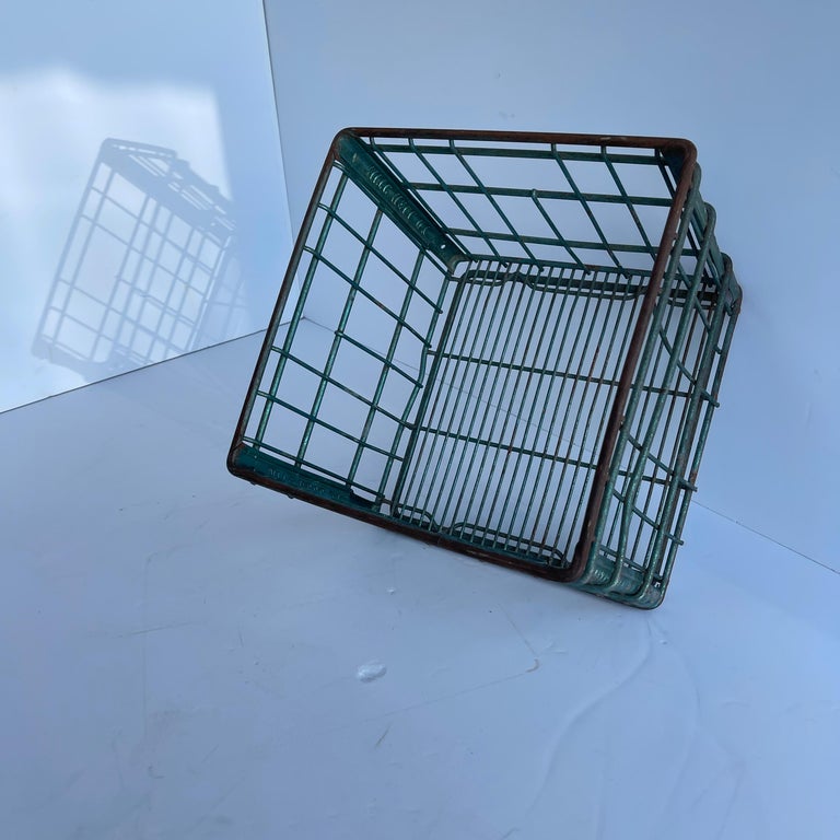 Vintage Metal and Wire Milk Crate Basket For Sale at 1stDibs