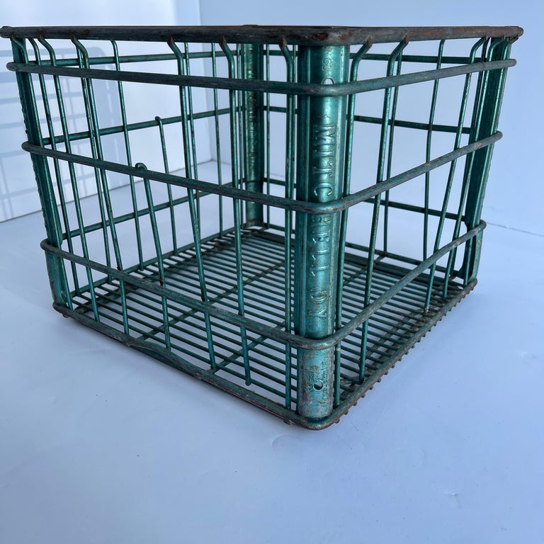 Vintage Metal and Wire Milk Crate Basket For Sale at 1stDibs