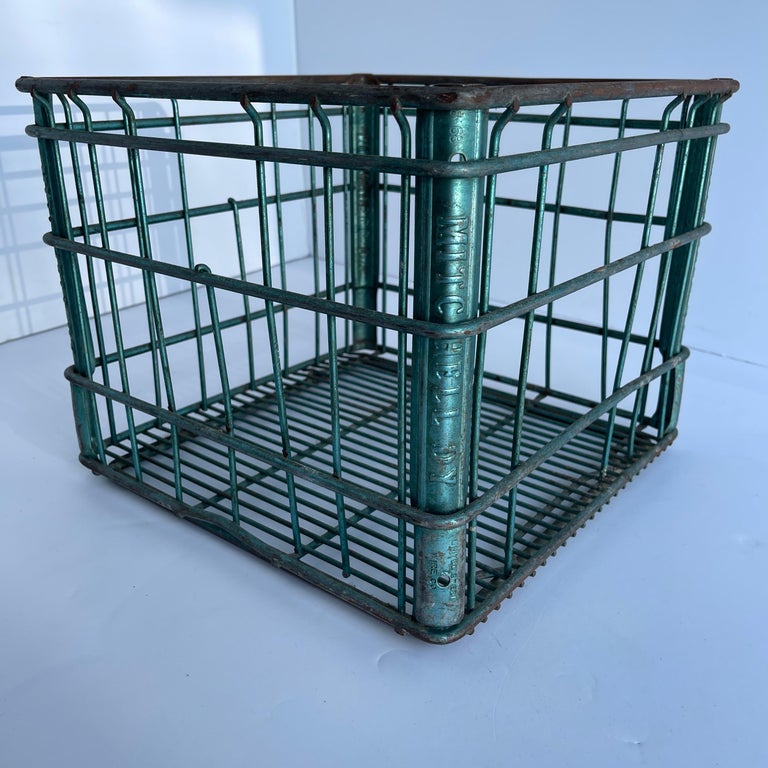 Vintage Metal and Wire Milk Crate Basket For Sale at 1stDibs