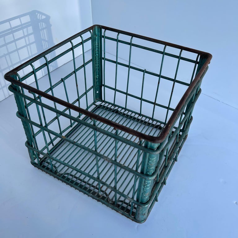 Vintage Metal and Wire Milk Crate Basket For Sale at 1stDibs