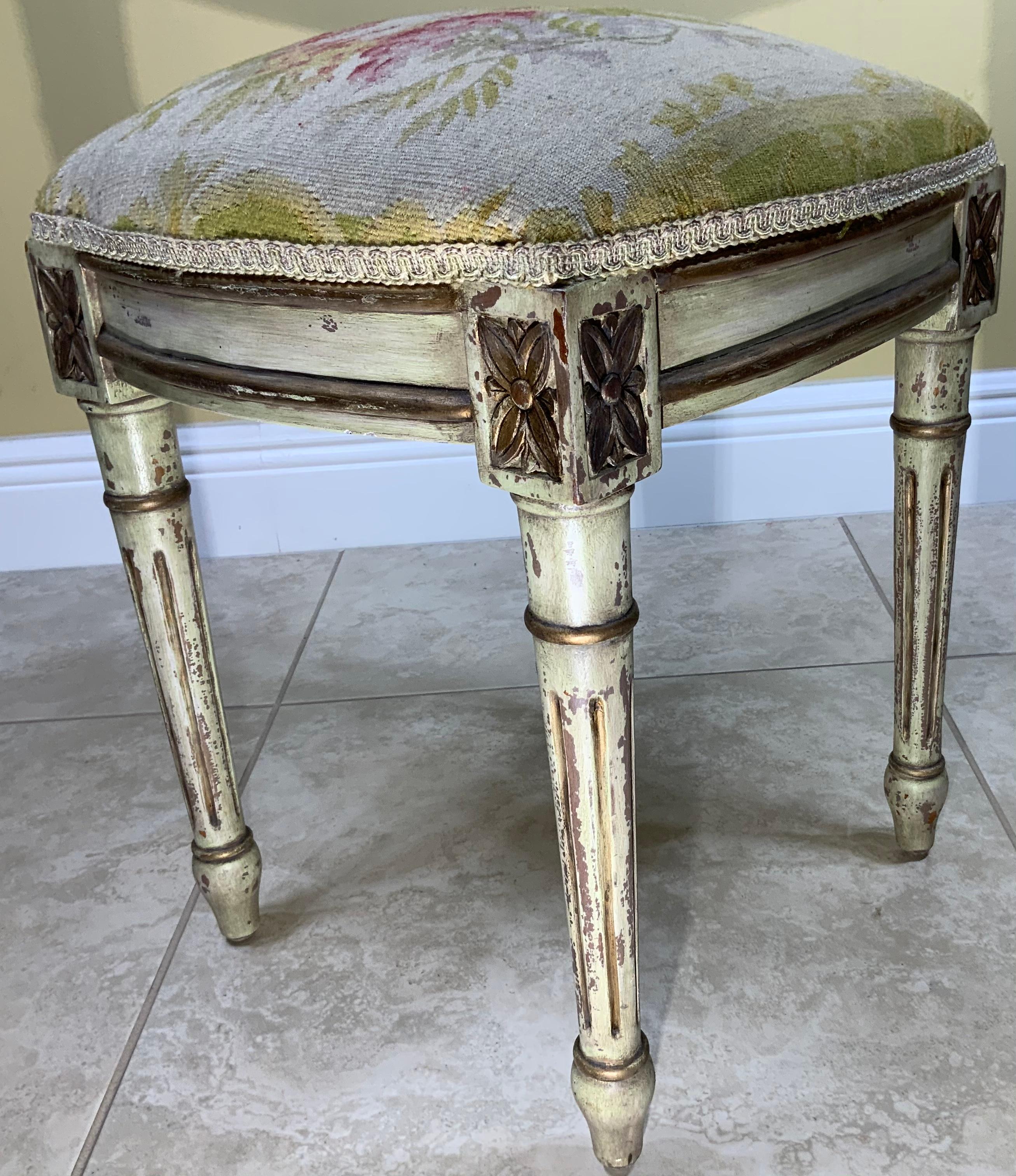 Wool Vintage Square Aubusson Tapestry Stool For Sale
