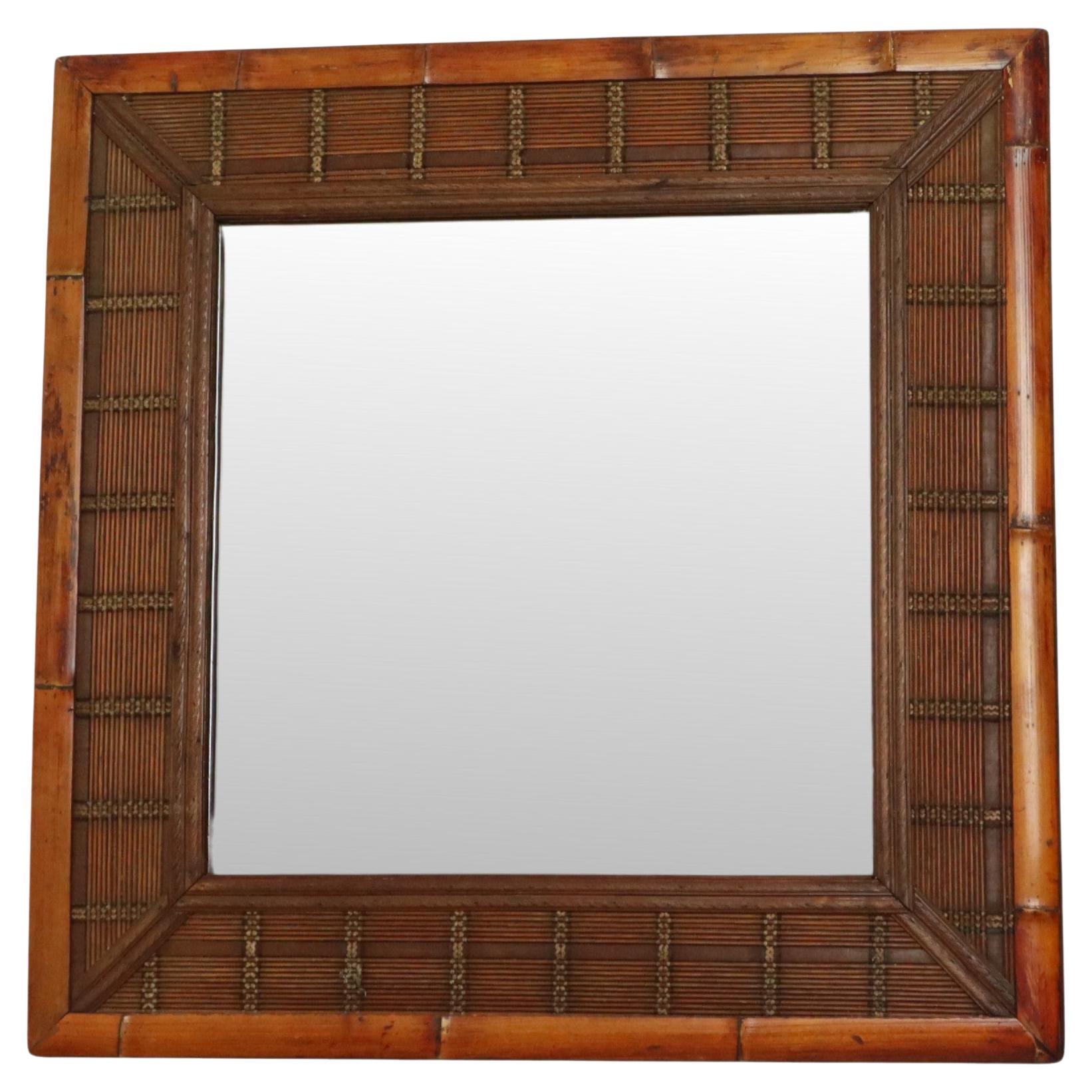 Specchio quadrato vintage in bambù e rattan Boho 70 cm in vendita