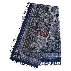 Vintage Square Batik Blue Floral Tablecloth with Fringe - Indonesia