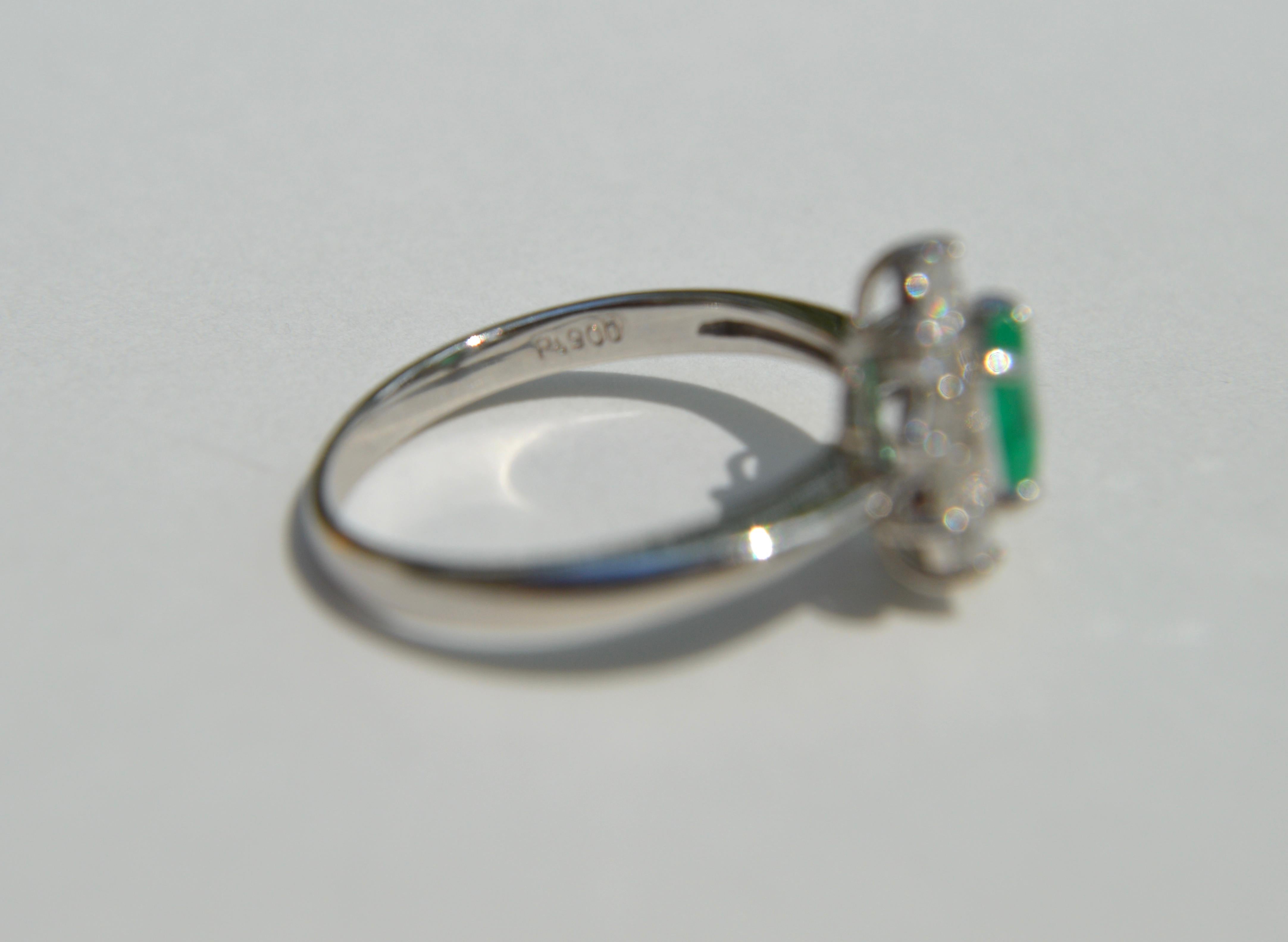 Modernist Vintage Square Cut .39 Carat Emerald Diamond Platinum Halo Ring For Sale