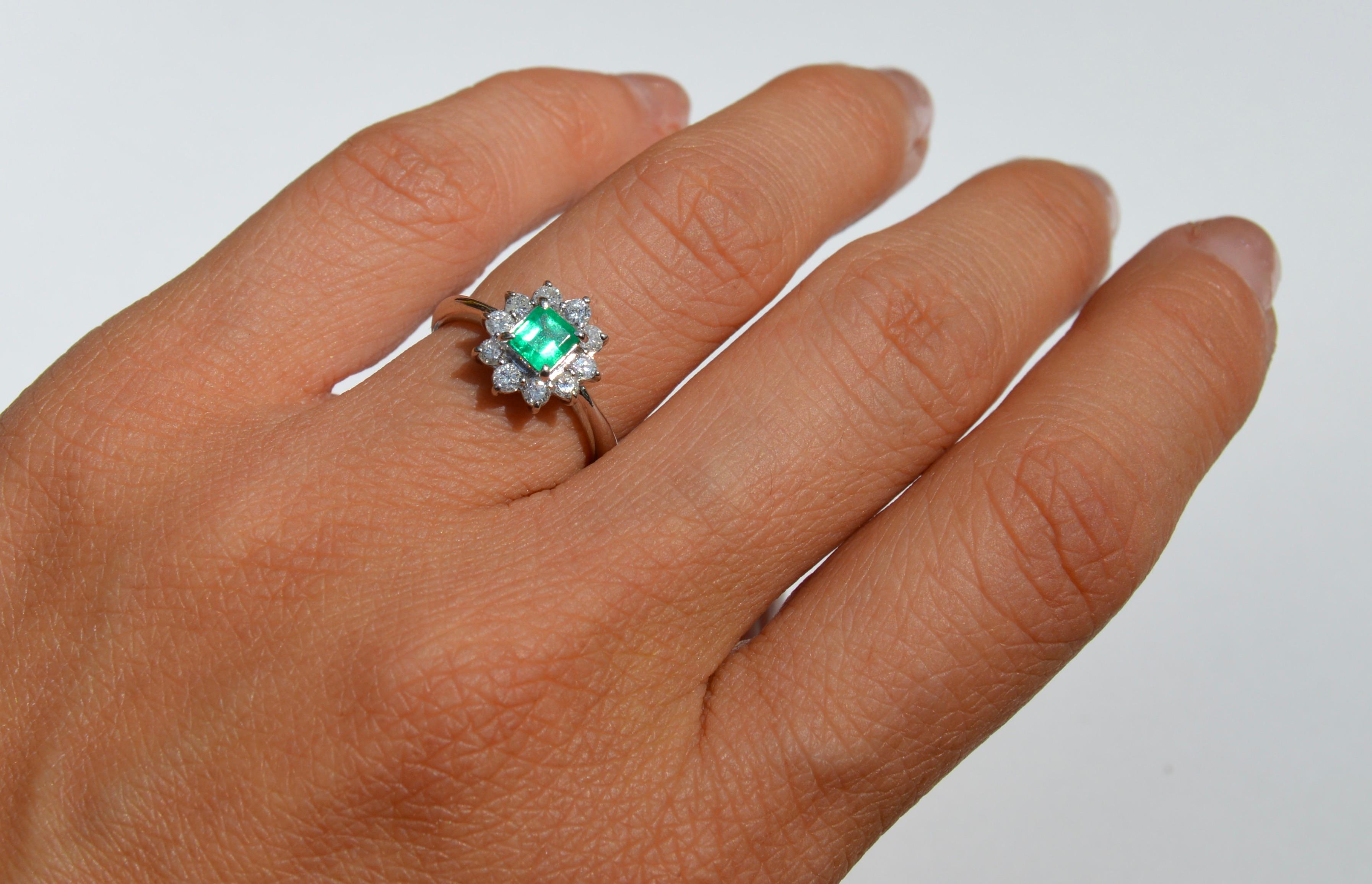 Princess Cut Vintage Square Cut .39 Carat Emerald Diamond Platinum Halo Ring For Sale