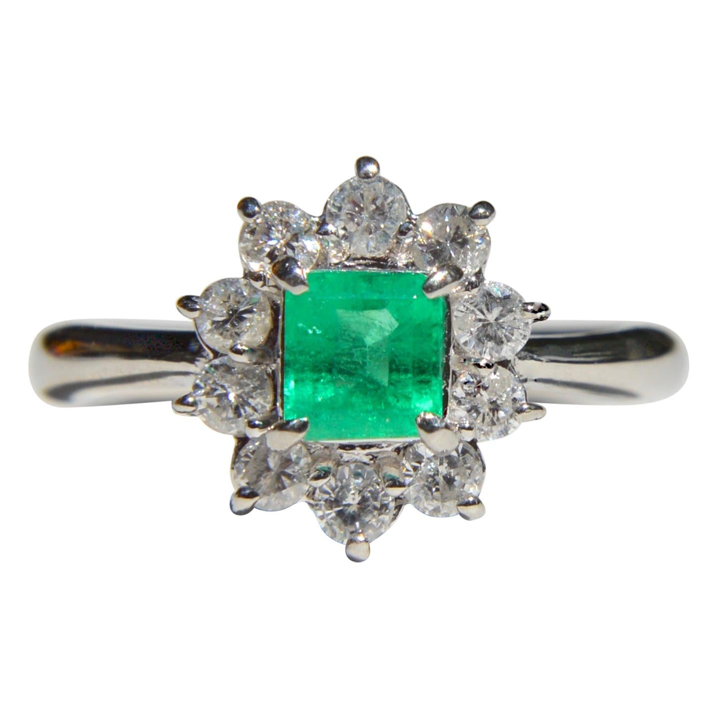 Vintage Square Cut .39 Carat Emerald Diamond Platinum Halo Ring For Sale