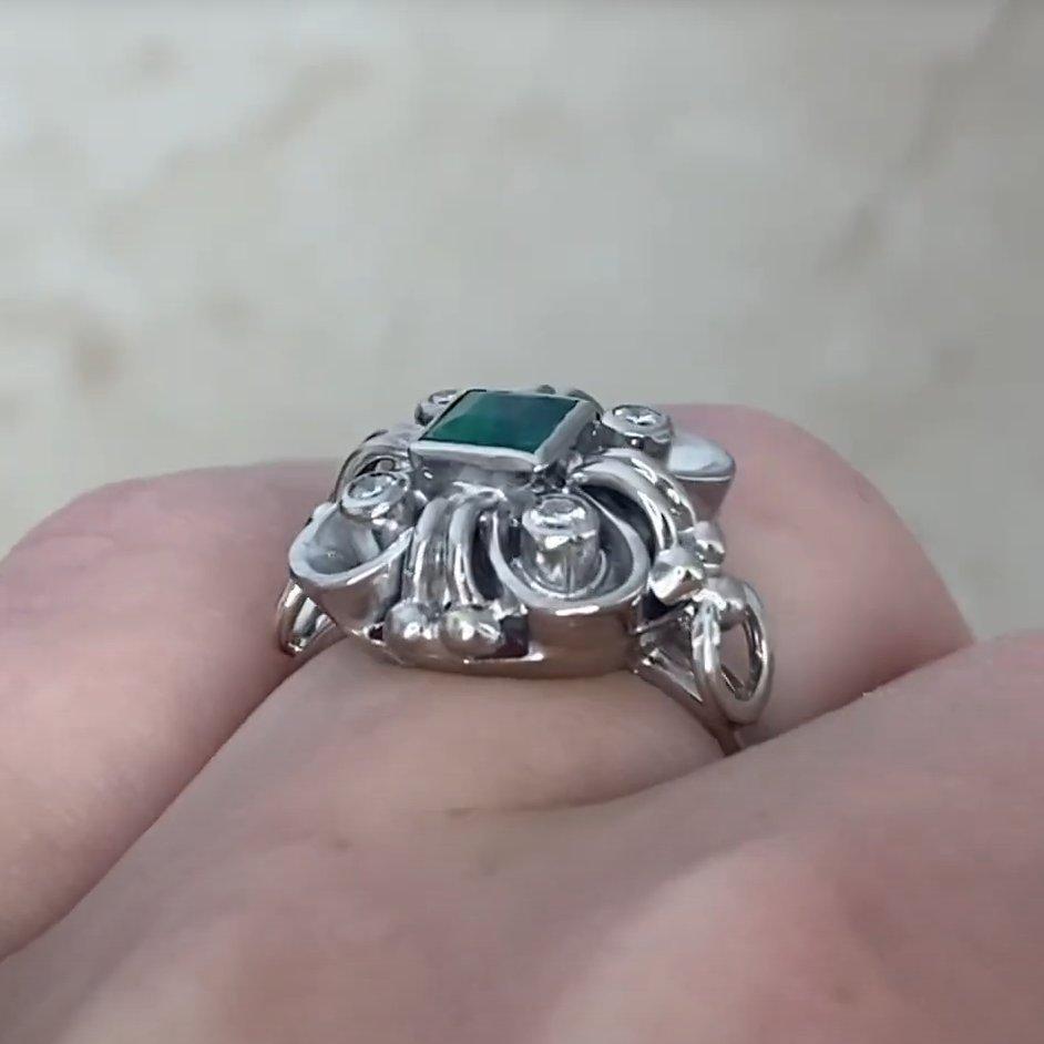 Vintage Square Cut Emerald Cocktail Ring (Approx. 0.6-Carats), 18k White Gold For Sale 1