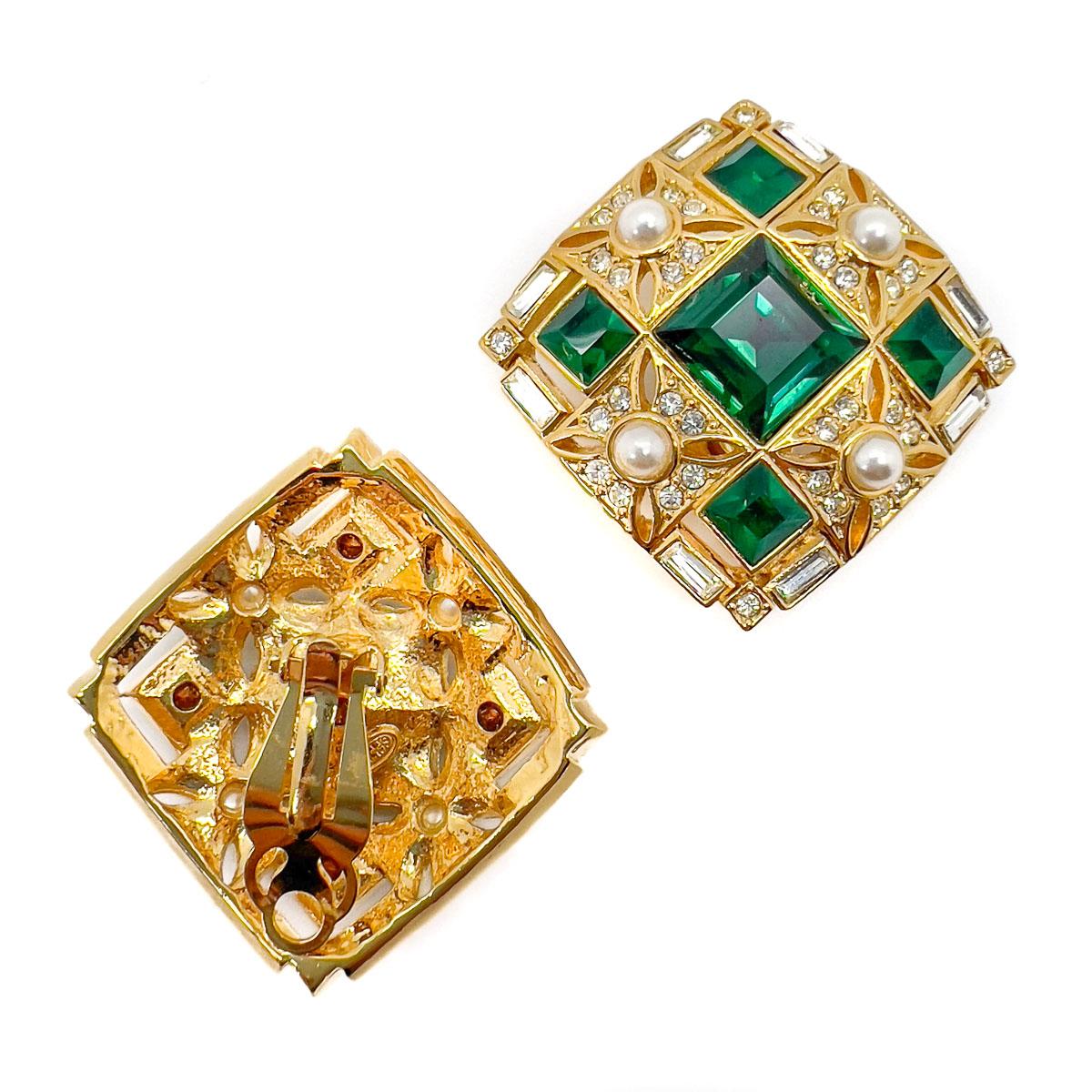 Vintage Square Cut Emerald Crystal & Pearl Earrings 1980s For Sale 2