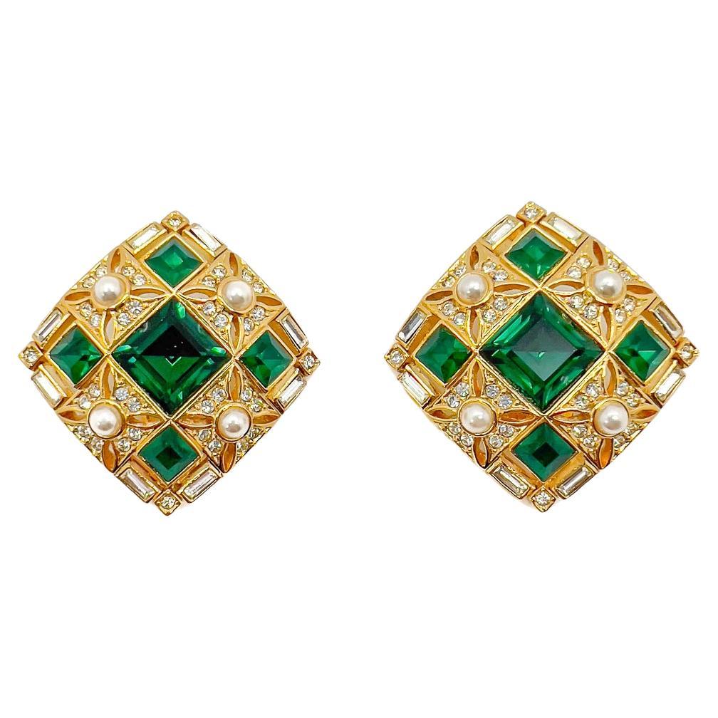 Vintage Square Cut Emerald Crystal & Pearl Earrings 1980s For Sale