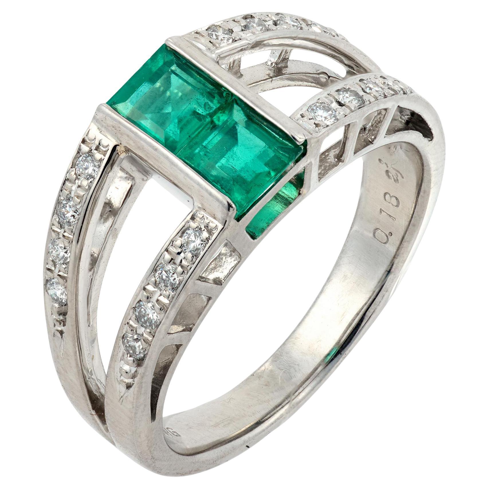 Vintage square cut emerald diamond 18k white gold ring