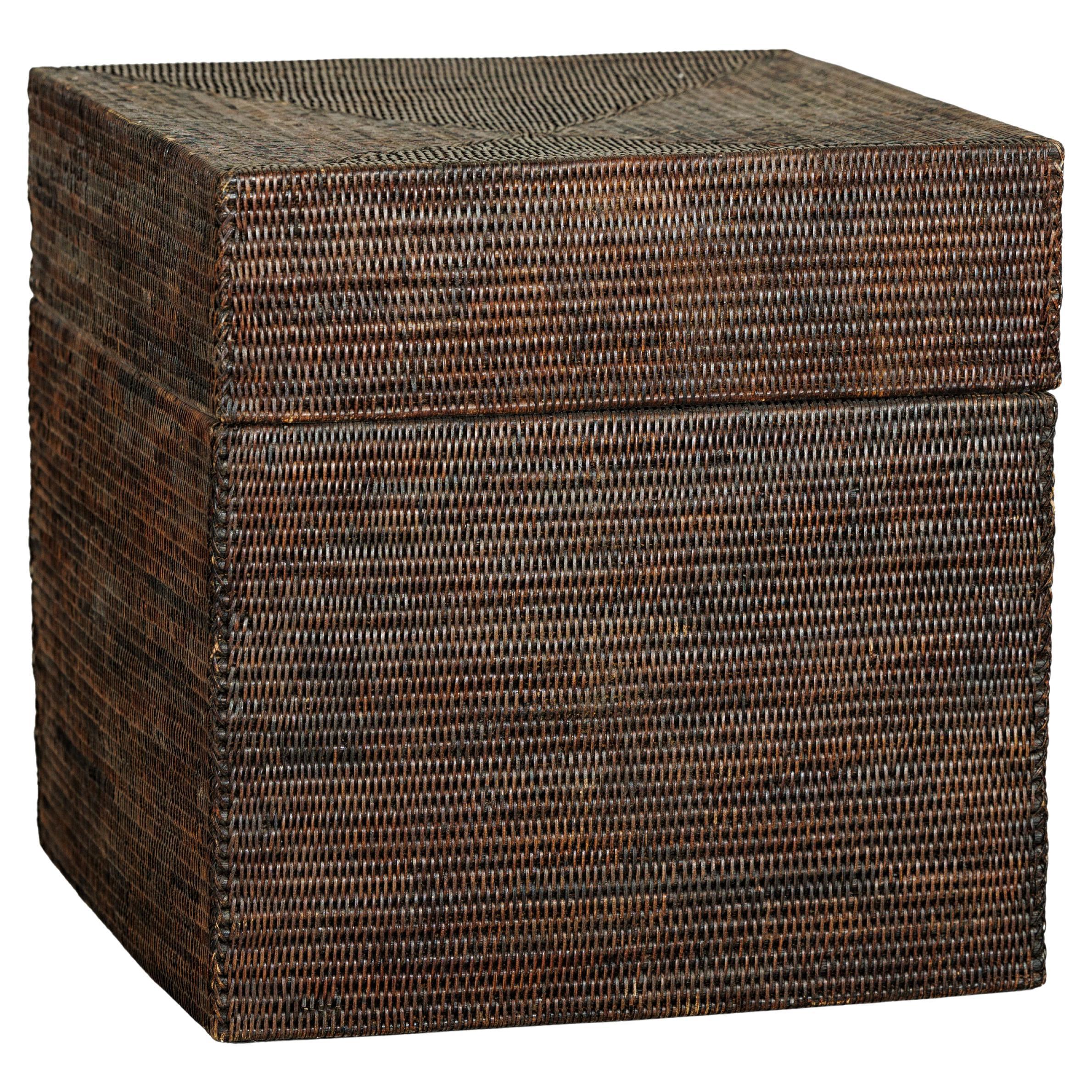 Vintage Square Dark Brown Rattan Basket with Removable Lid and Patterns