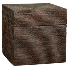 Vintage Square Dark Brown Rattan Basket with Removable Lid and Patterns