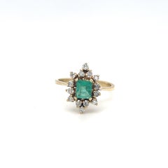 Vintage Square Emerald and Single Cut Diamond Ring 14k Yellow Gold