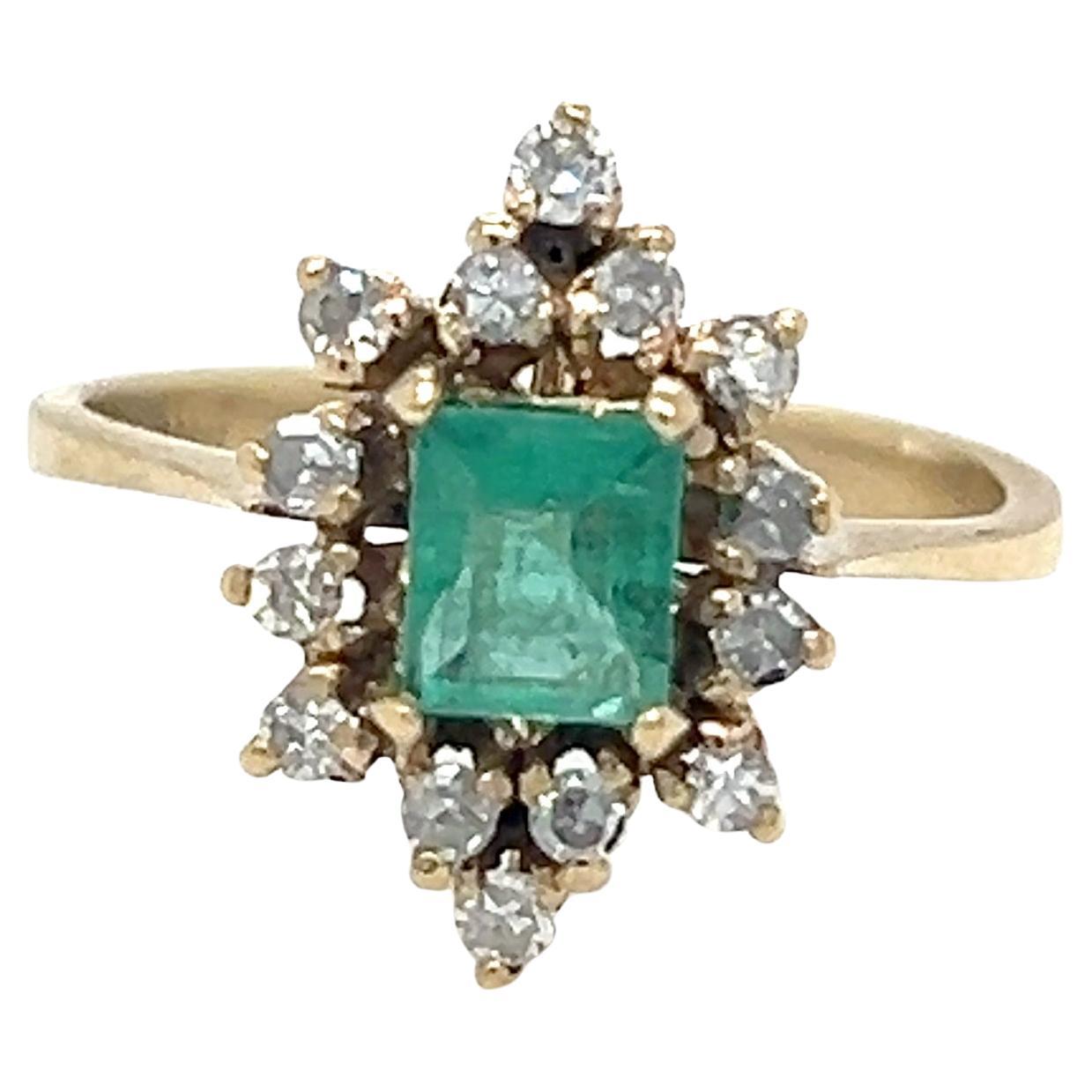 Vintage Square Emerald and Single Cut Diamond Ring 14k Yellow Gold