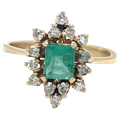 Vintage Square Emerald and Single Cut Diamond Ring 14k Yellow Gold