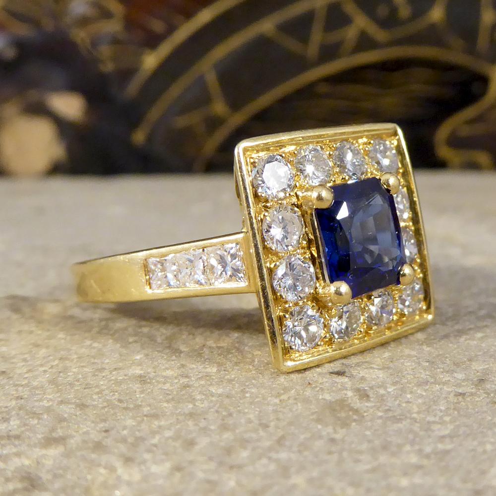 This lovely vintage ring has clear French marks on the outer band as seen in pictures. With a beautiful blue square cut Sapphire in the centre weighing approximately 1.65ct and a surround of round brilliant cut Diamonds on the square face and down