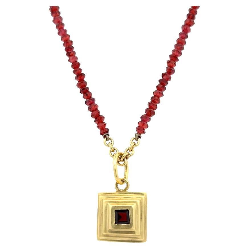 Vintage Square Garnet Gold Pendant and Garnet Rondelle Bead Necklace