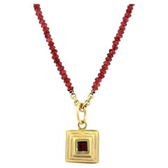 Vintage Square Garnet Gold Pendant and Garnet Rondelle Bead Necklace