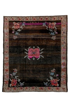 Vintage Square Kars with Charcoal Field and Floral Design, Circa 1940's