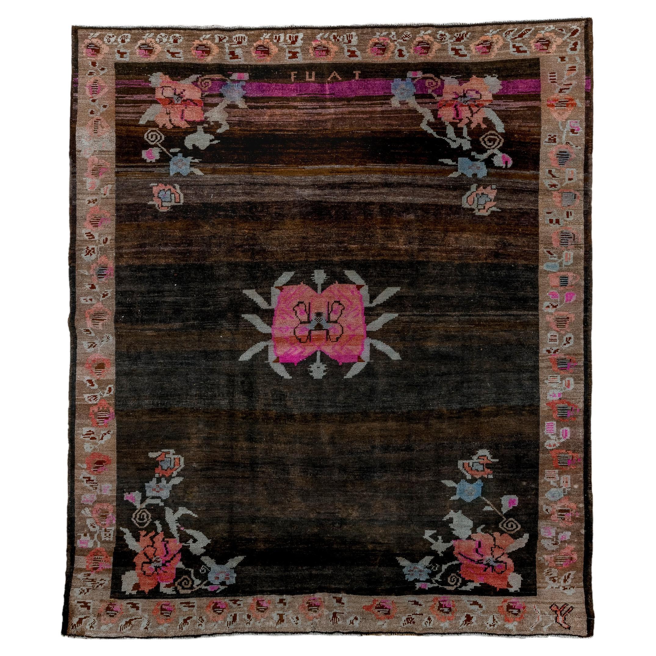Vintage Square Kars with Charcoal Field and Floral Design, Circa 1940's For Sale