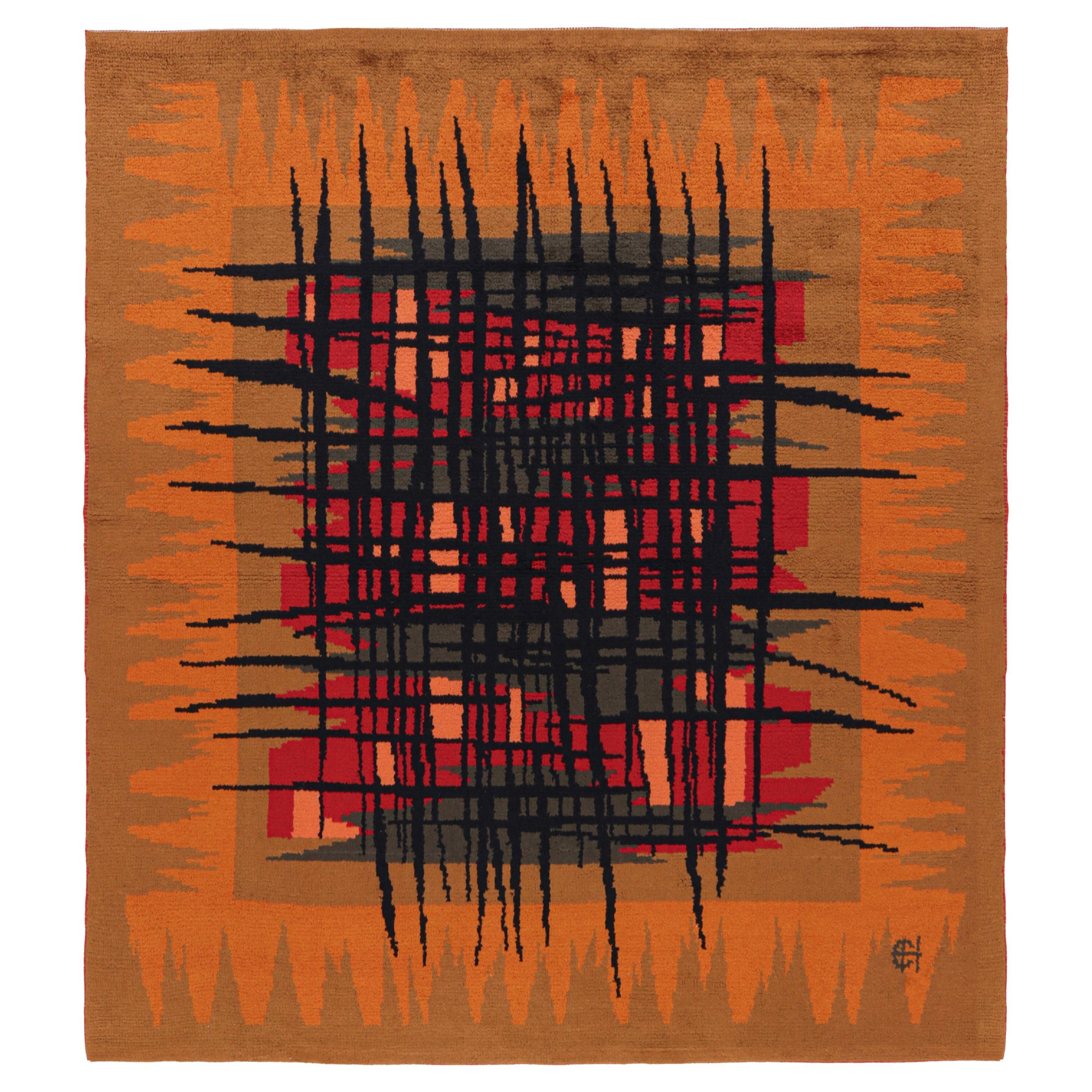 Tappeto quadrato vintage in arancione con motivi geometrici in stile svedese - Rug & Kilim