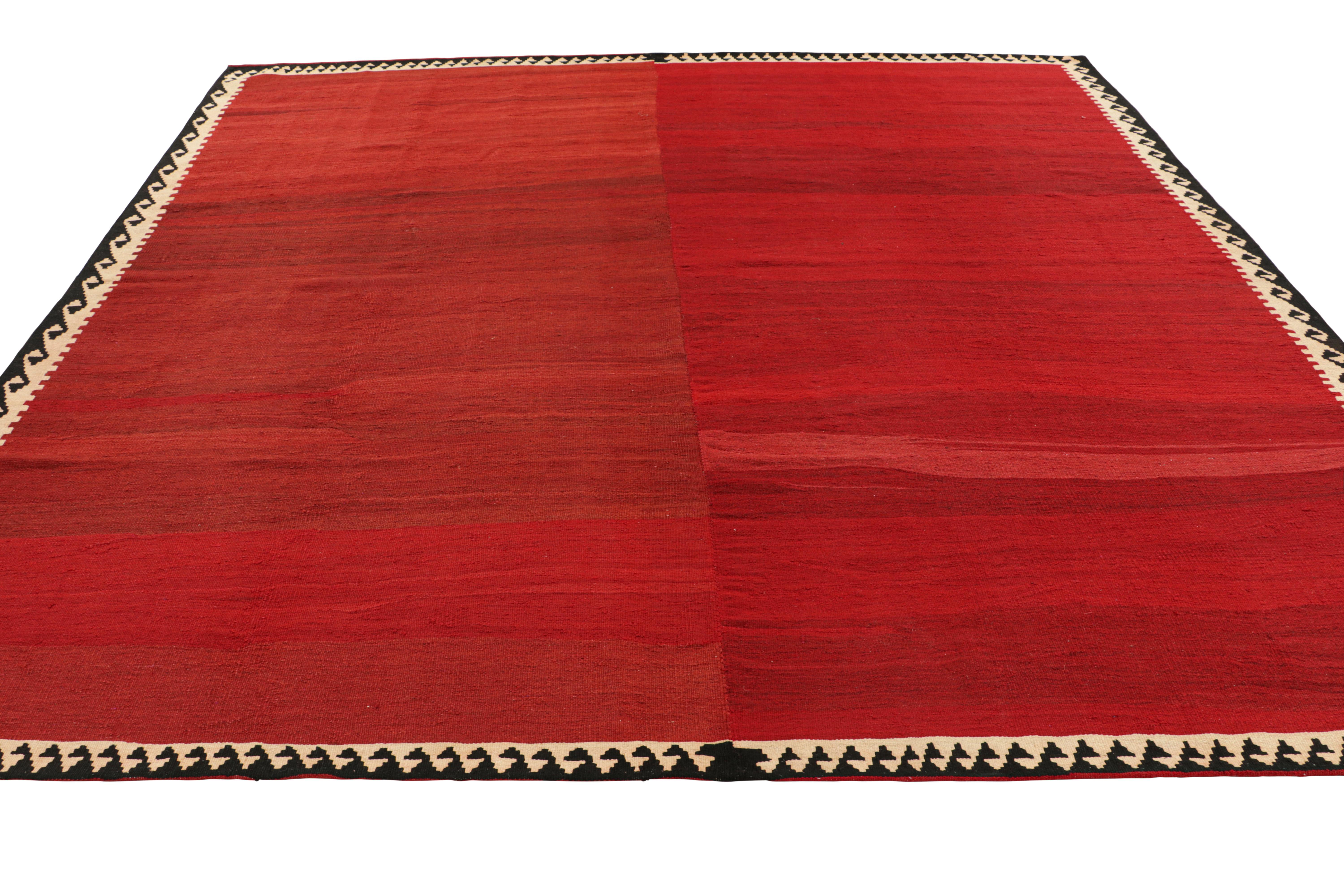 Hand-Woven Vintage Square Kilim with Red Open Field and Geometric Border, from Rug & Kilim For Sale