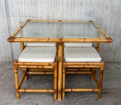 Vintage Square McGuire Style Bamboo and Glass Coffee Table and Nesting Benches