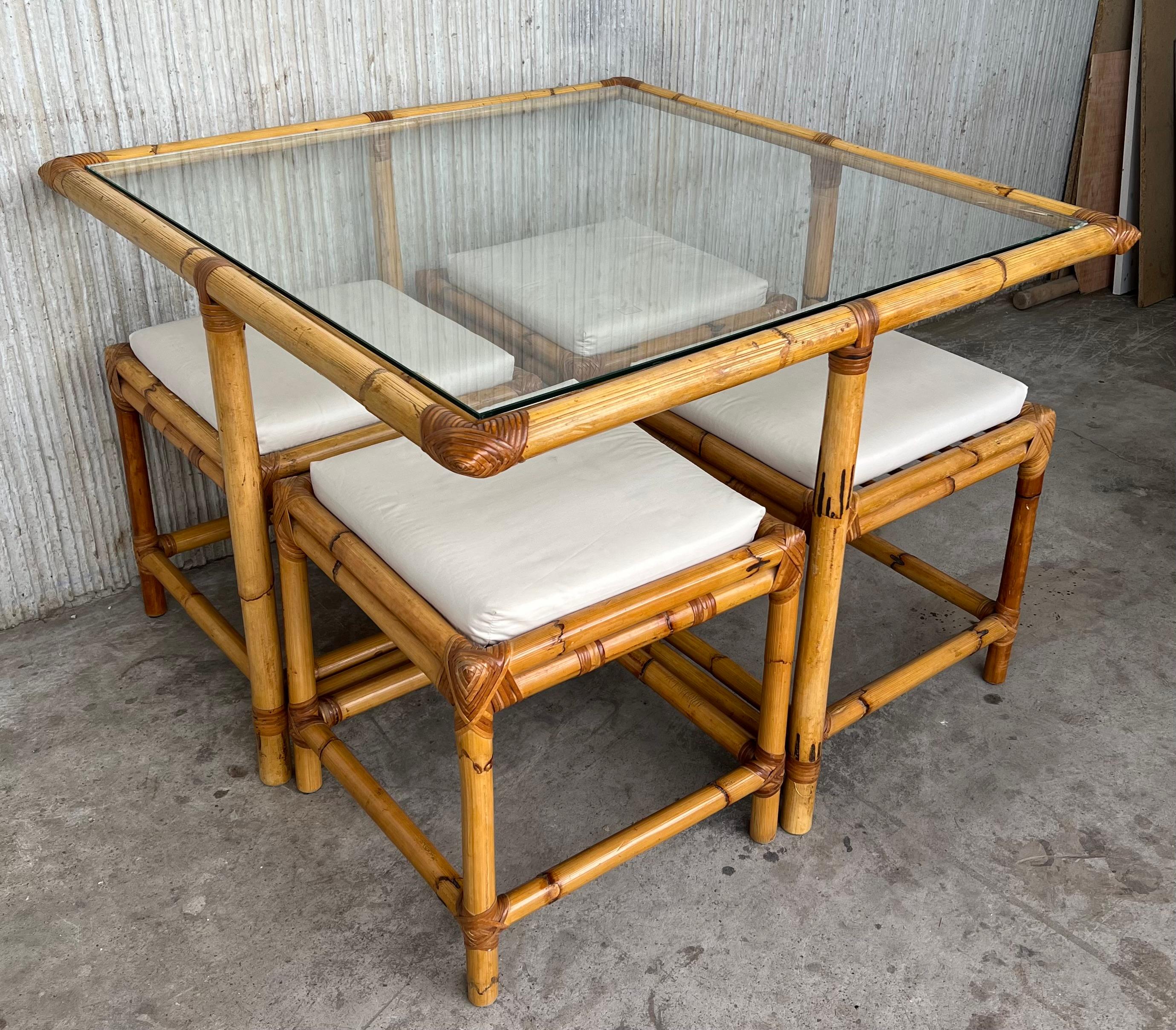 Vintage Square McGuire Style Bamboo and Glass Coffee Table and Nesting Benches In Good Condition In Miami, FL